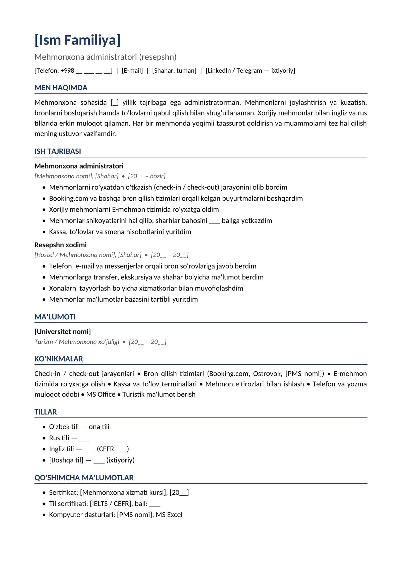 Rezyume namunasi Mehmonxona administratori