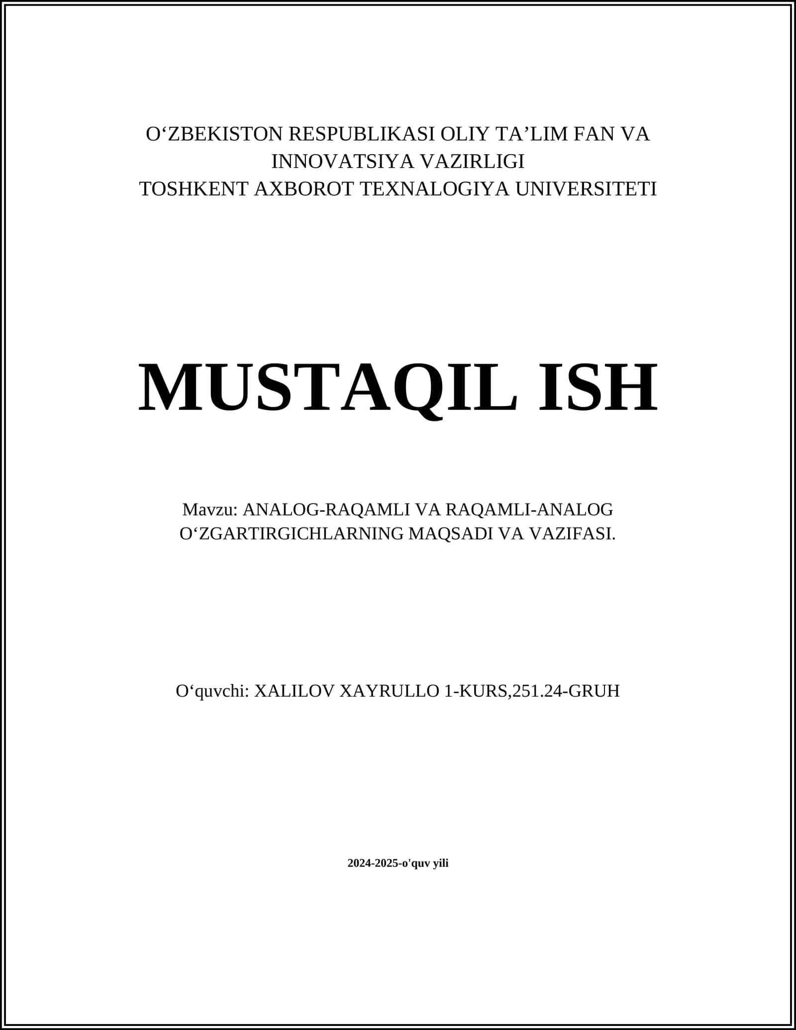 ANALOG-RAQAMLI VA RAQAMLI-ANALOG O‘ZGARTIRGICHLARNING MAQSADI VA VAZIFASI