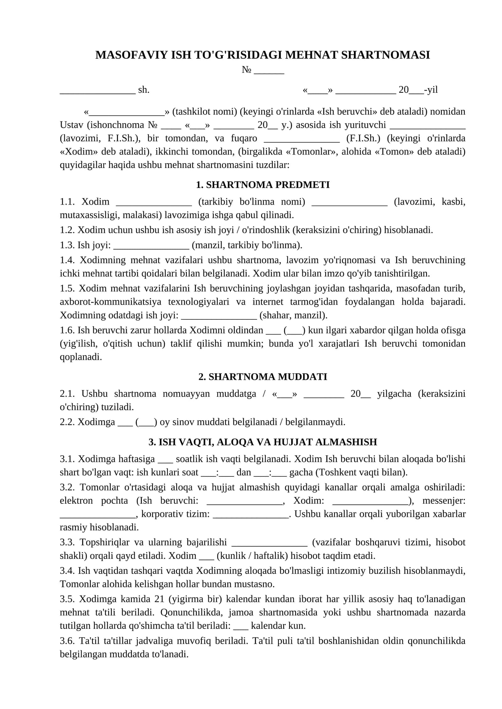 Mehnat shartnomasi masofaviy ish onlayn namunasi
