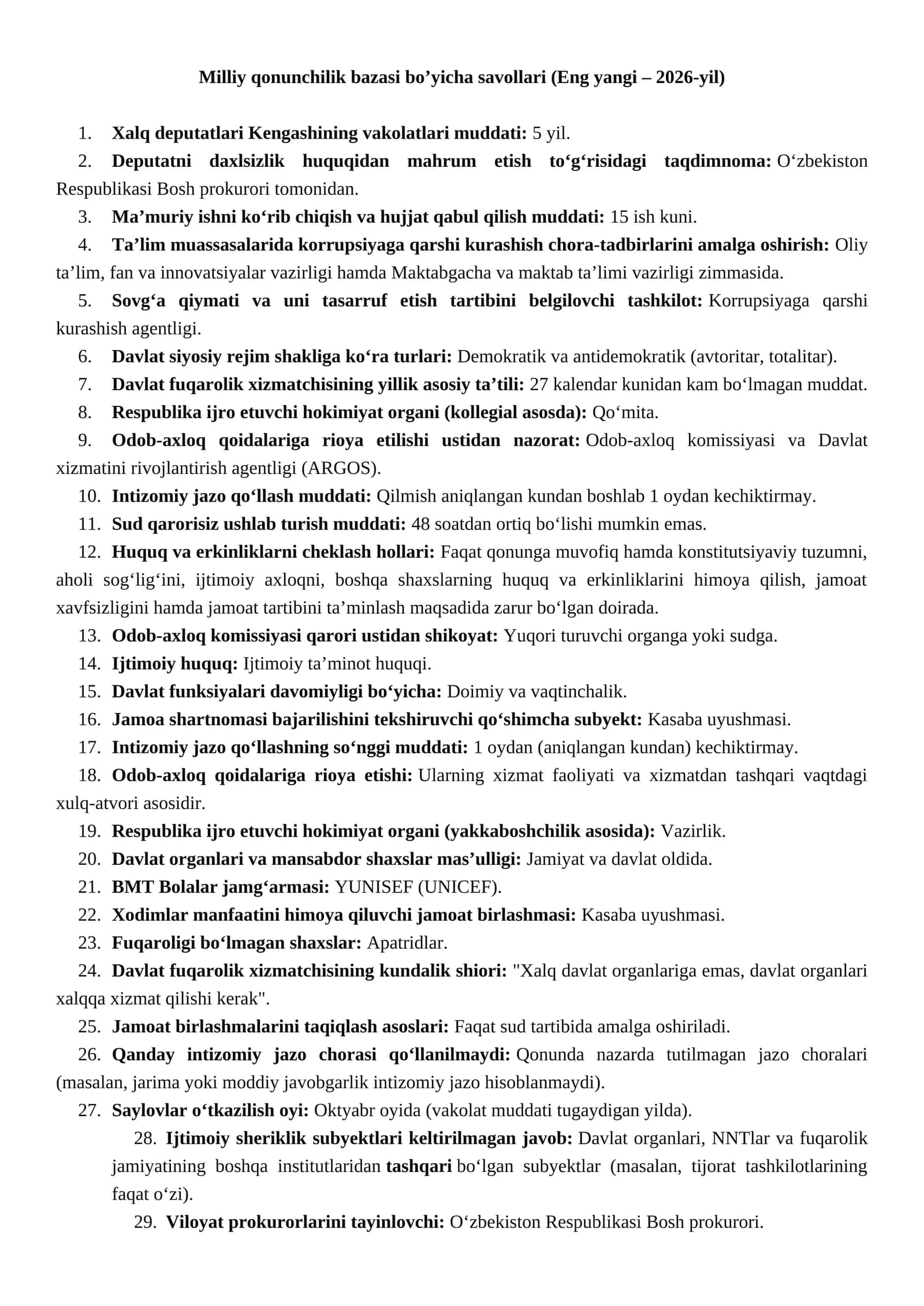 ARGOS savollari qonunchilik bazasi (Javoblari bilan Eng yangilari - 2026)