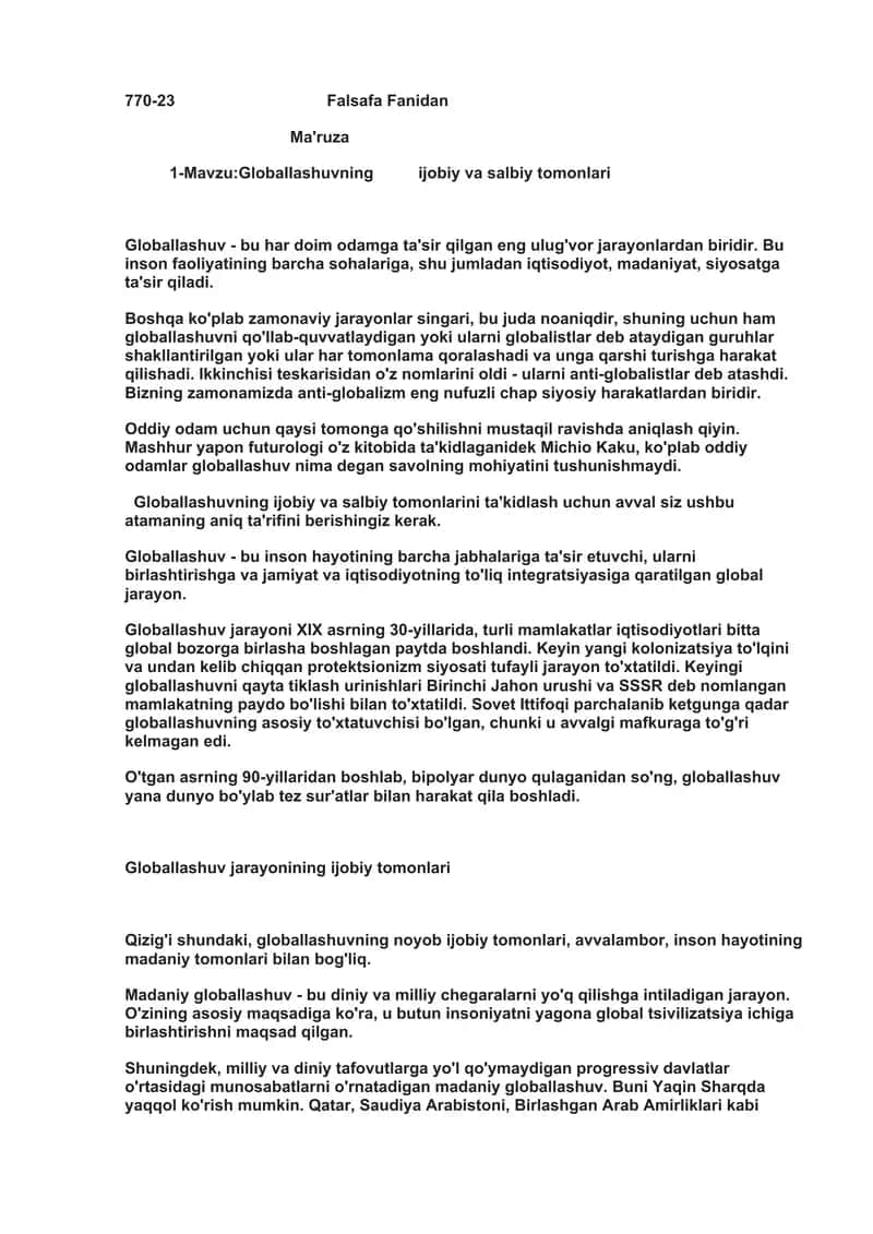 Globallashuvning ijobiy va salbiy tomonlari ma'ruzası