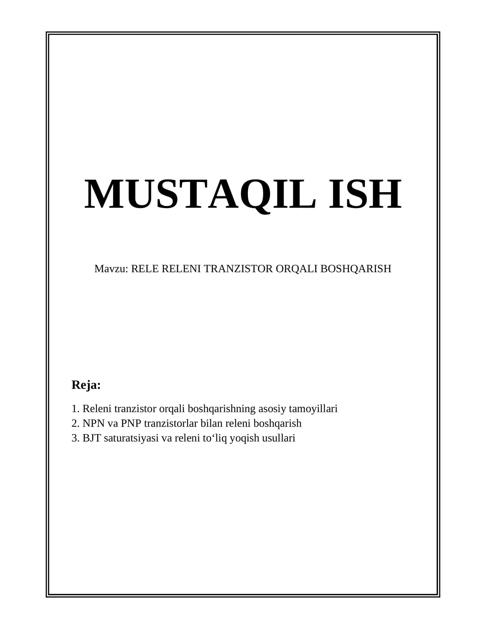 RELE RELENI TRANZISTOR ORQALI BOSHQARISH