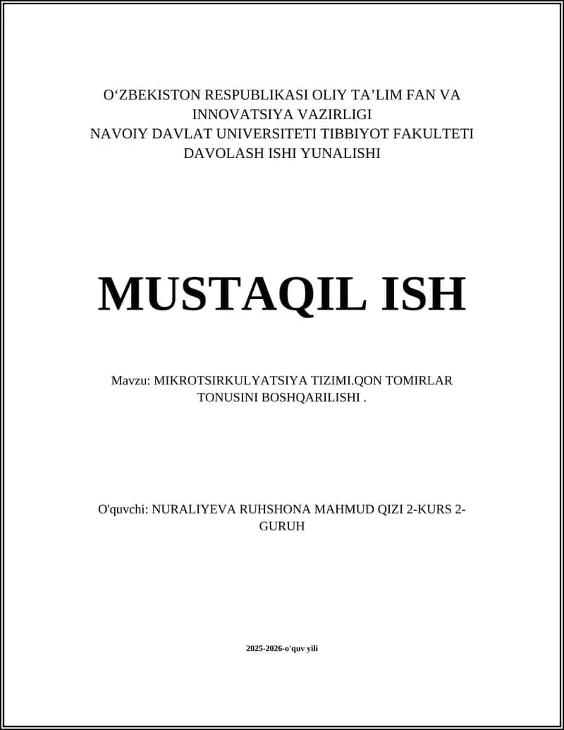 MIKROTSIRKULYATSIYA TIZIMI.QON TOMIRLAR TONUSINI BOSHQARILISHI