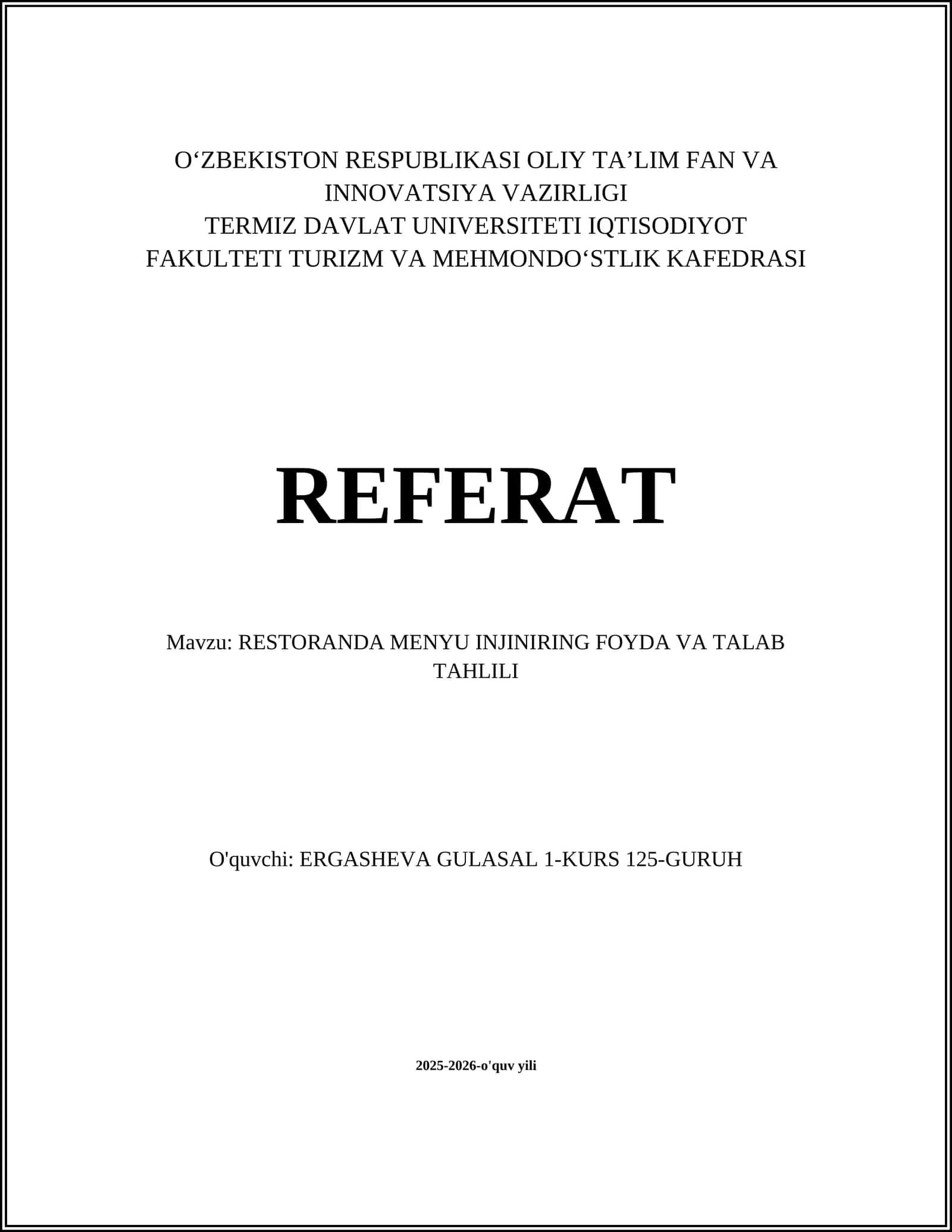 RESTORANDA MENYU INJINIRING FOYDA VA TALAB TAHLILI