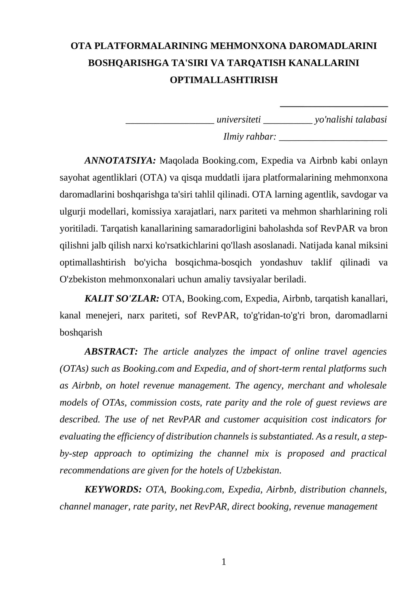 MEHMONXONA DAROMADLARI VA TARQATISH KANALLARINI OPTIMALLASHTIRISH