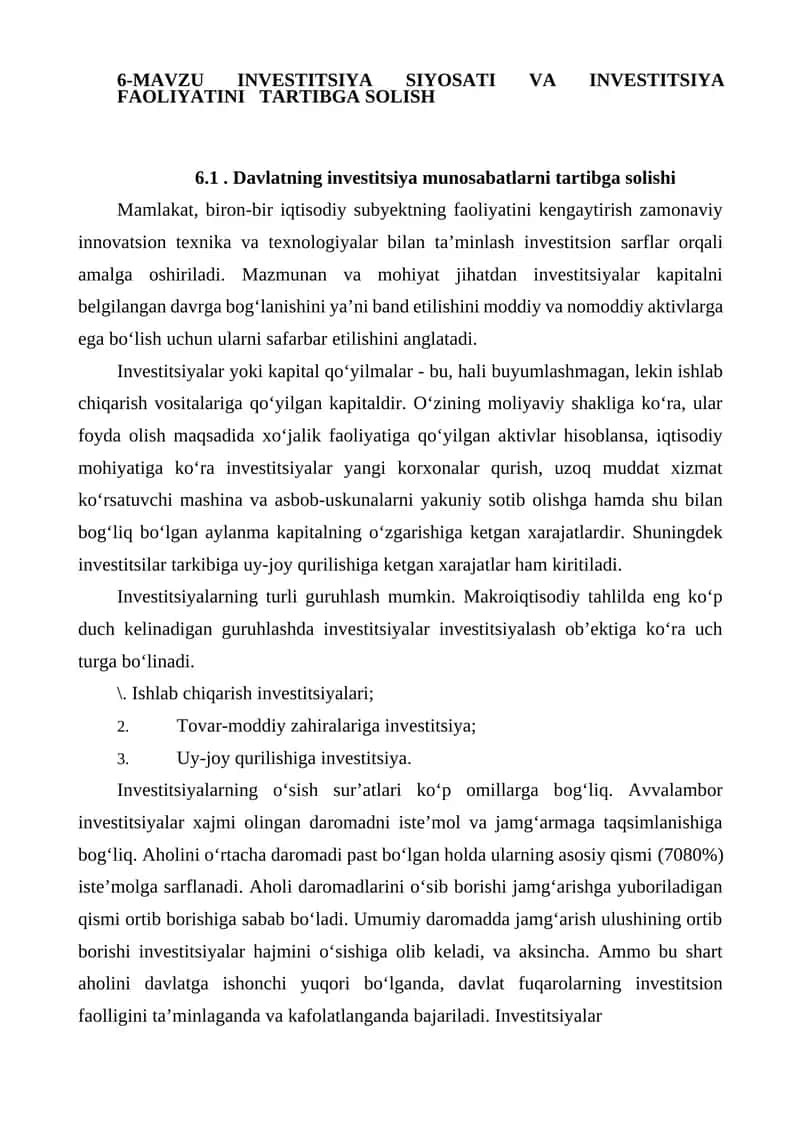 Investitsiya Siyosati va Investitsiya Faoliyatini Tartibga Solish