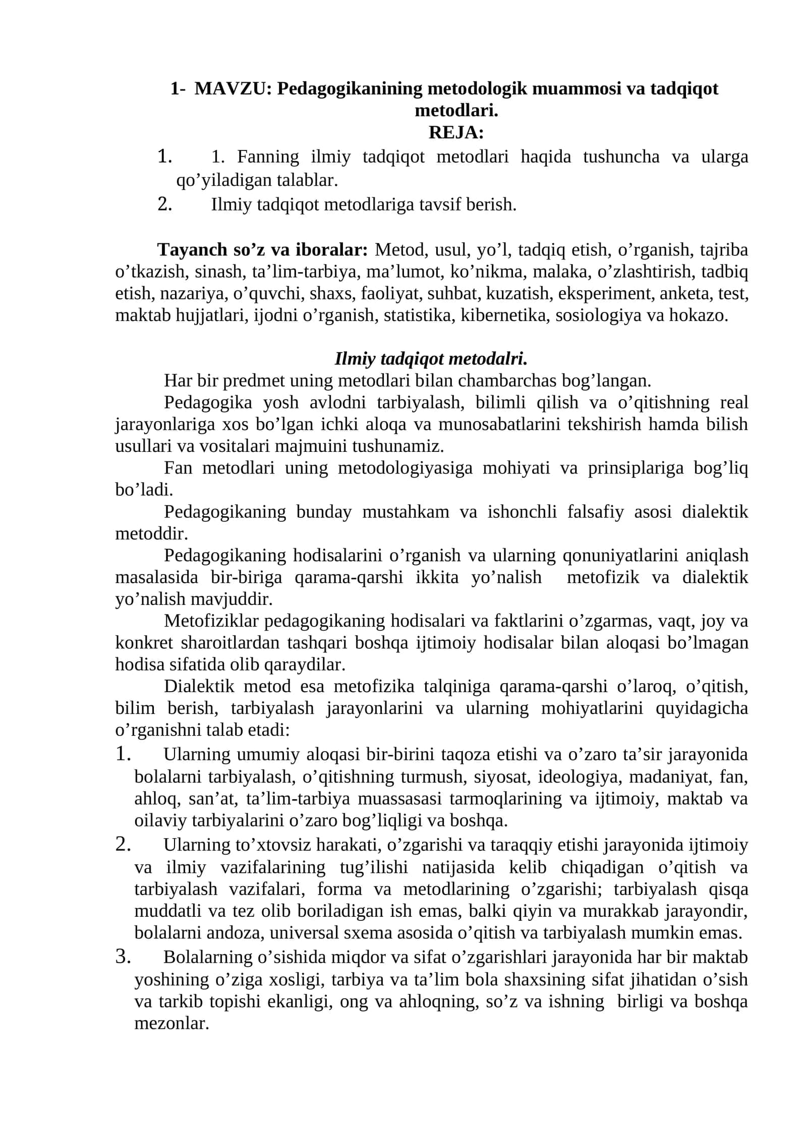 Pedagogikanining metodologik muammosi va tadqiqot metodlari
