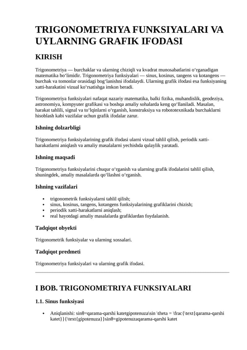 TRIGONOMETRIYA FUNKSIYALARI VA UYLARNING GRAFIK IFODASI
