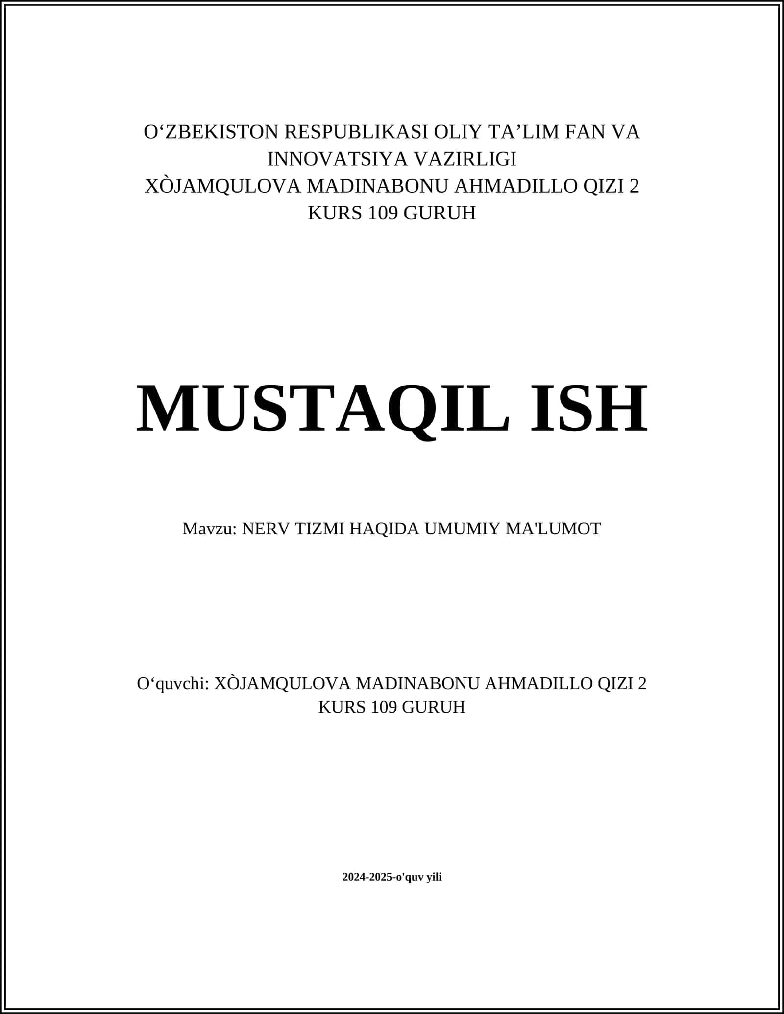 NERV TIZMI HAQIDA UMUMIY MA'LUMOT