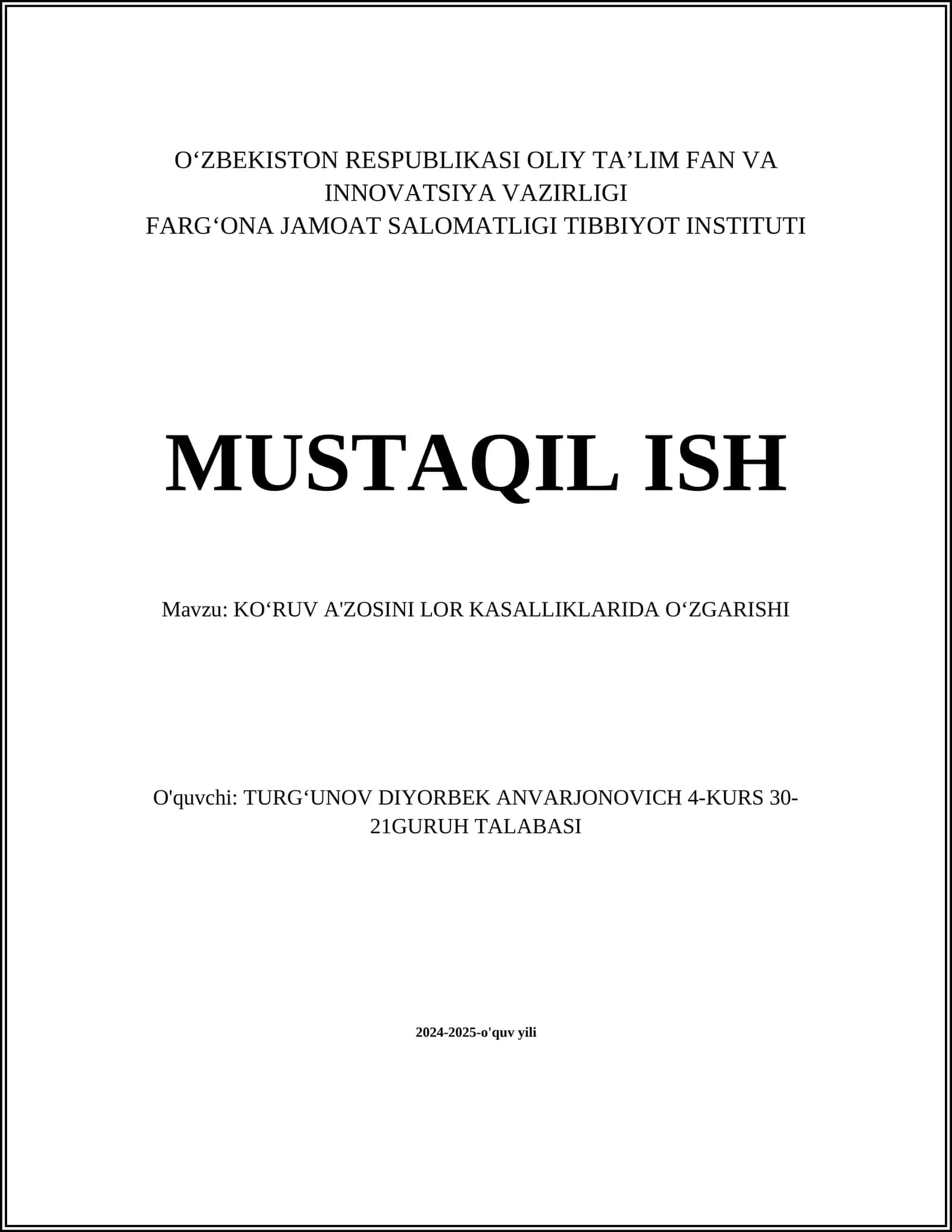 KO'RUVA'ZOSINI LOR KASALLIKLARIDA O‘ZGARISHI