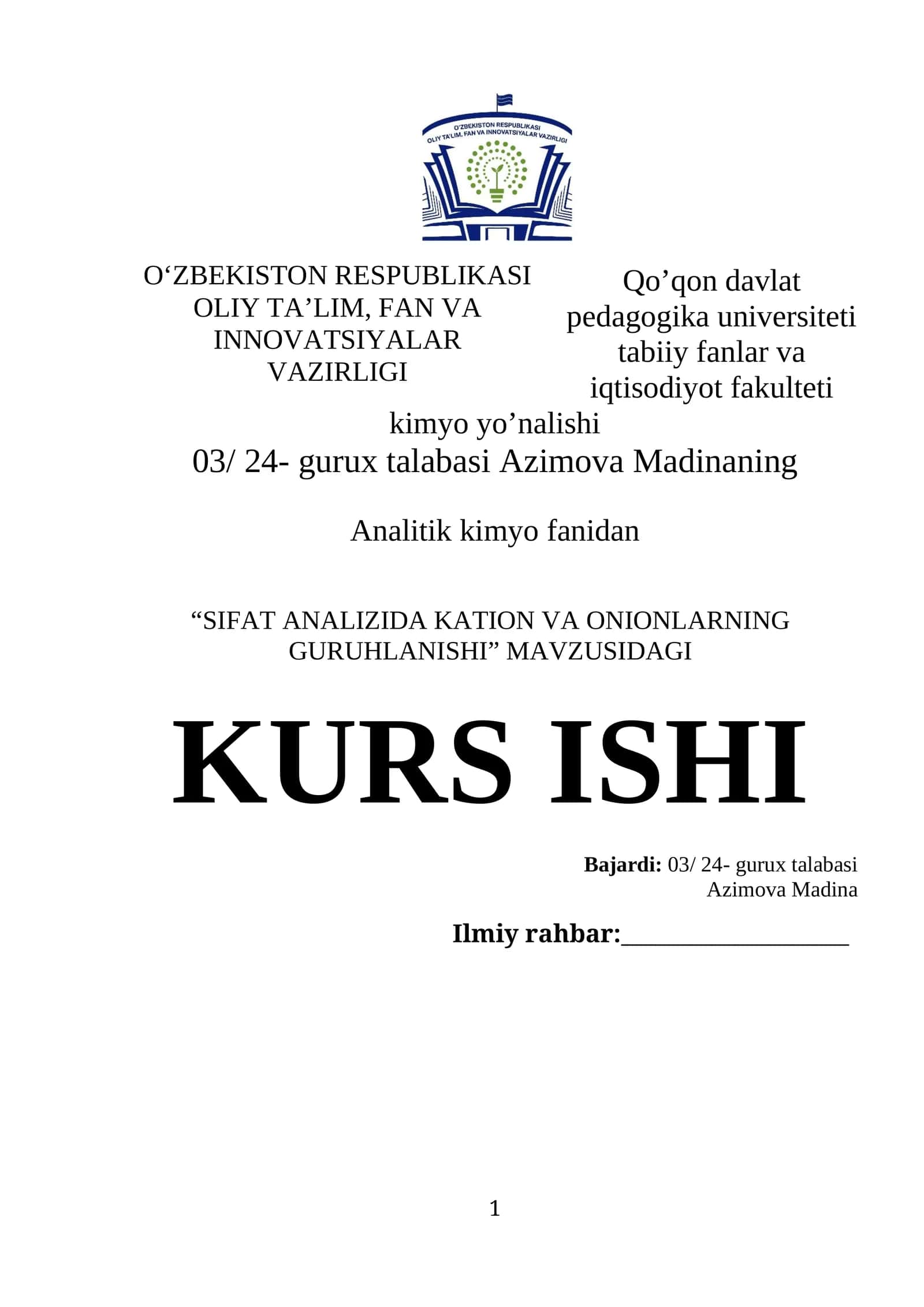 SIFAT ANALIZIDA KATION VA ONIONLARNING GURUHLANISHI