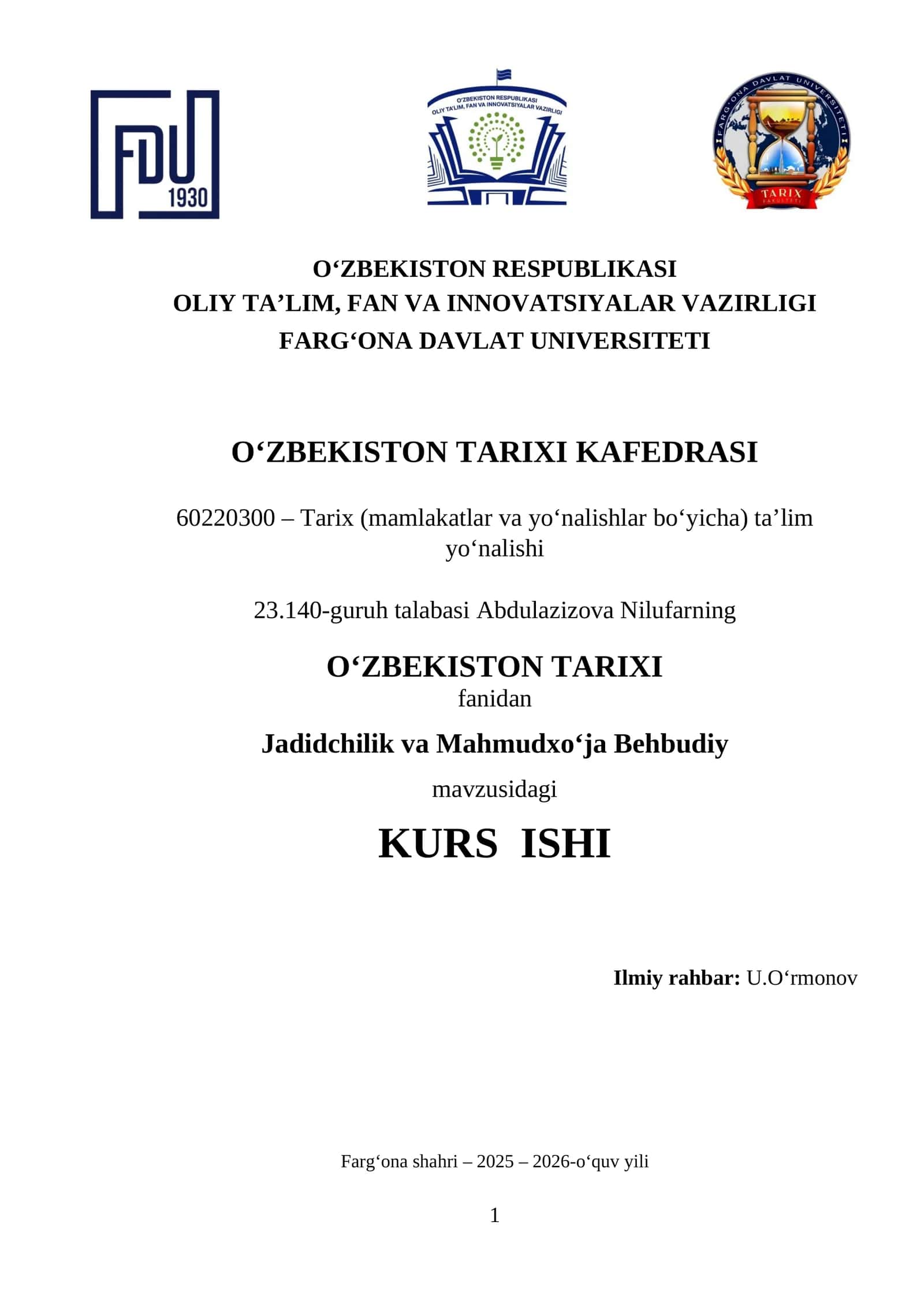 Jadidchilik va Mahmudxo‘ja Behbudiy mavzusidagi KURS ISHI