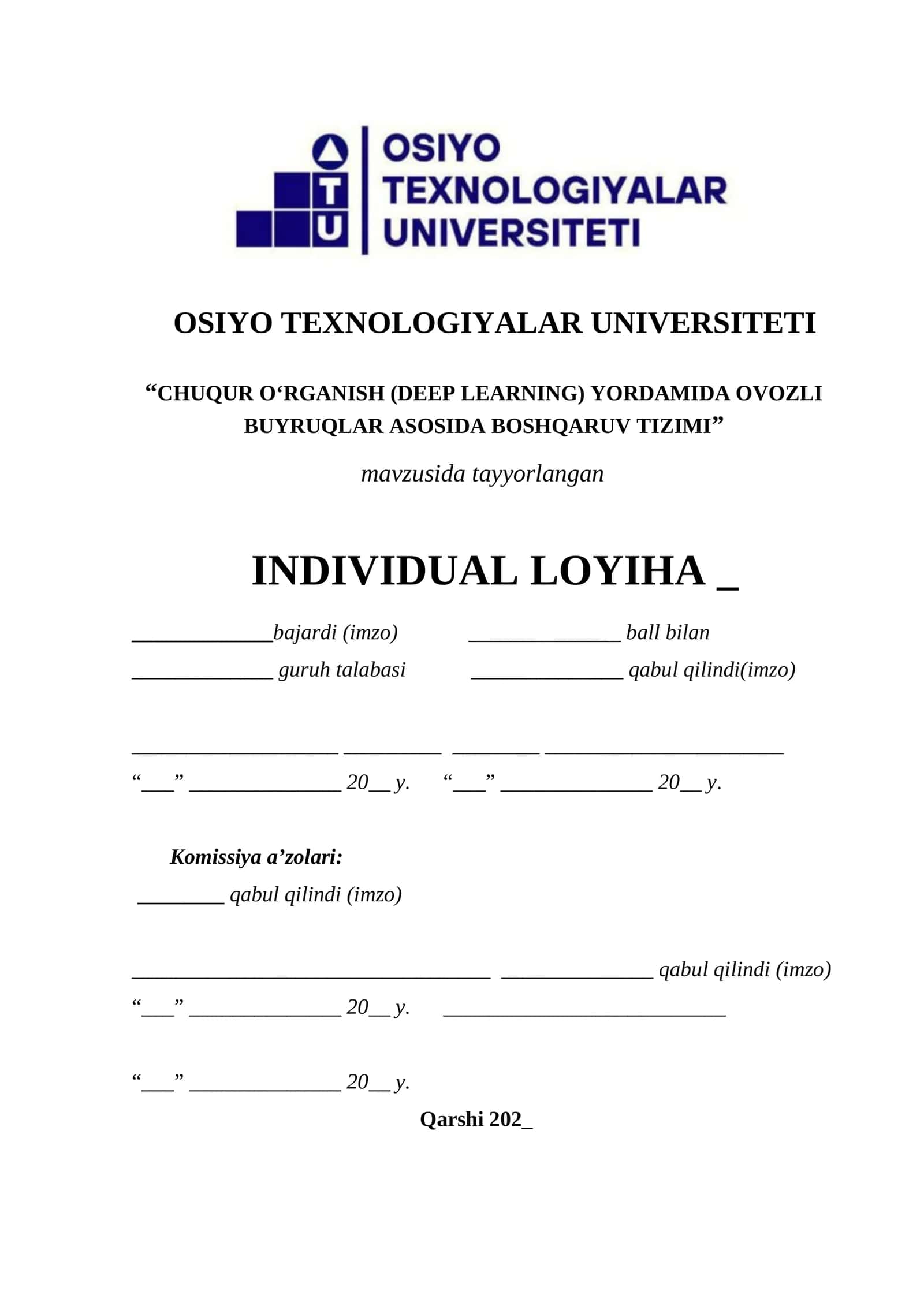 (DEEP LEARNING) CHUQUR O‘RGANISH YORDAMIDA OVOZLI BUYRUQLAR ASOSIDA BOSHQARUV TIZIMI