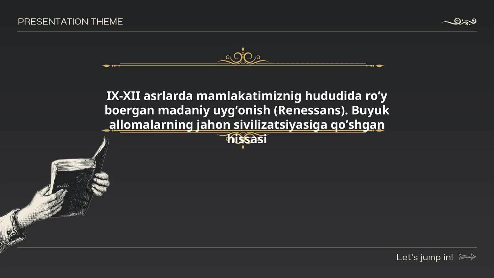 IX-XII asrlarda mamlakatimiznig hududida roʼy boergan madaniy uygʼonish (Renessans). Buyuk allomalarning jahon sivilizatsiyasiga qoʼshgan hissasi