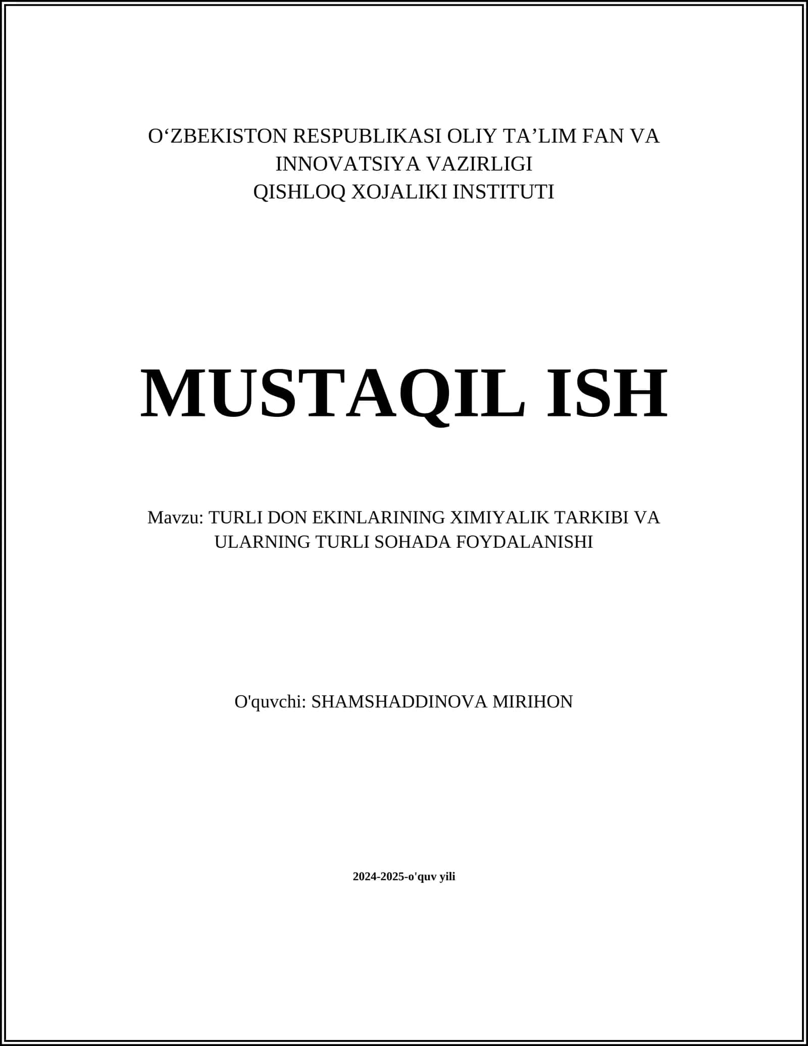 TURLI DON EKINLARINING XIMIYALIK TARKIBI VA ULARNING TURLI SOHADA FOYDALANISHI