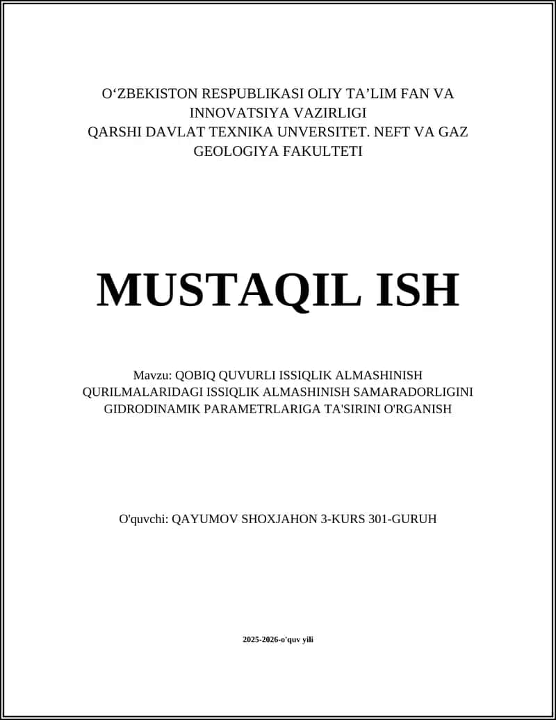 Qo‘biq quvurli issiqlik almashinish qurilmalaridagi issiqlik almashinish samaradorligini gidrodinamik parametrlariga ta'siri
