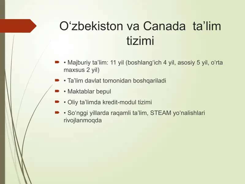 O‘zbekiston va Canada ta’lim tizimi