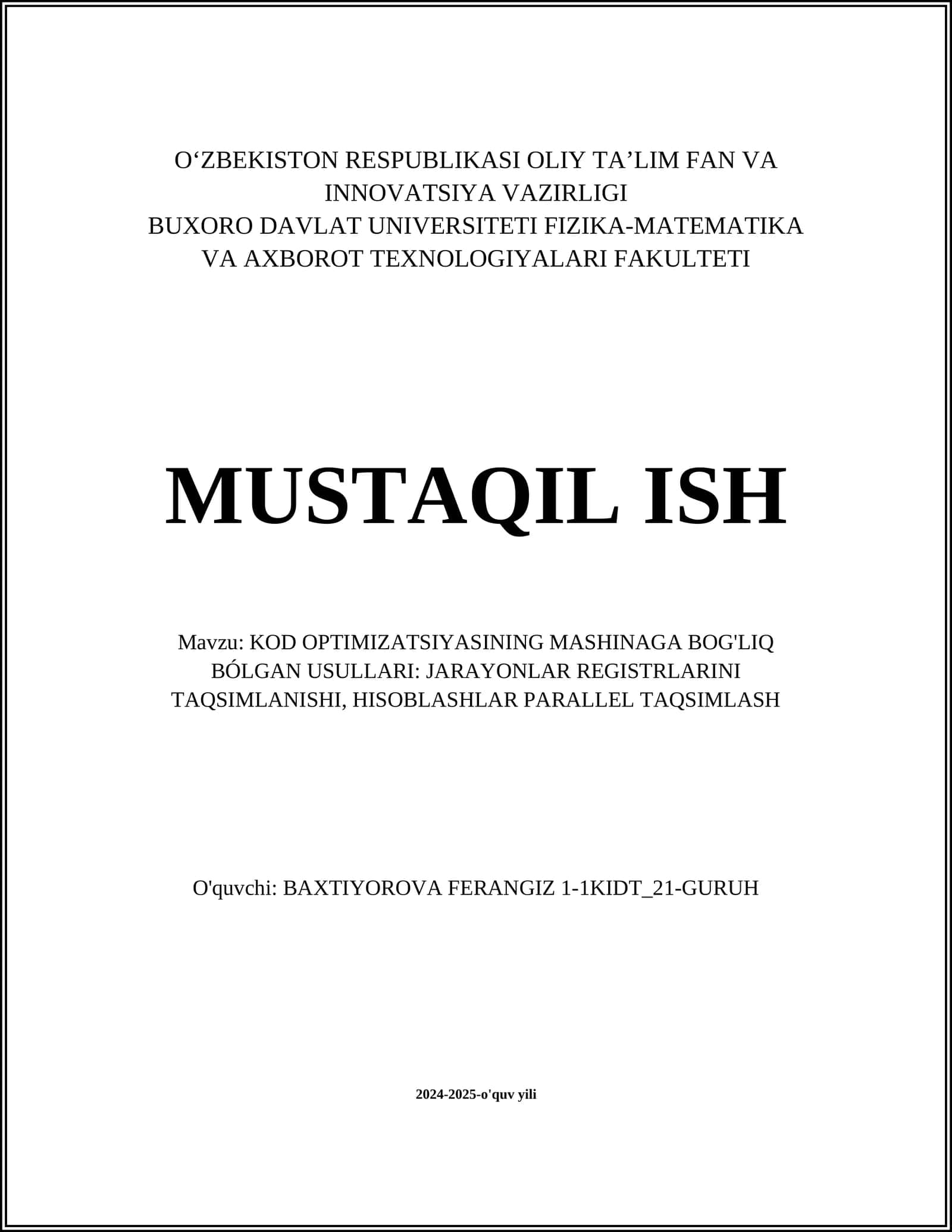 KOD OPTIMIZATSIYASINING MASHINAGA BOG'LIQ BÓLGAN USULLARI: JARAYONLAR REGISTRLARINI TAQSIMLANISHI, HISOBLASHLAR PARALLEL TAQSIMLASH
