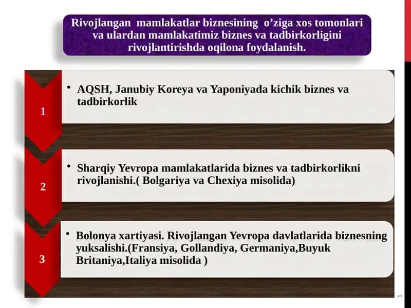 Rivojlangan mamlakatlar biznesining o’ziga xos tomonlari va ulardan mamlakatimiz biznes va tadbirkorligini rivojlantirishda oqilona foydalanish.