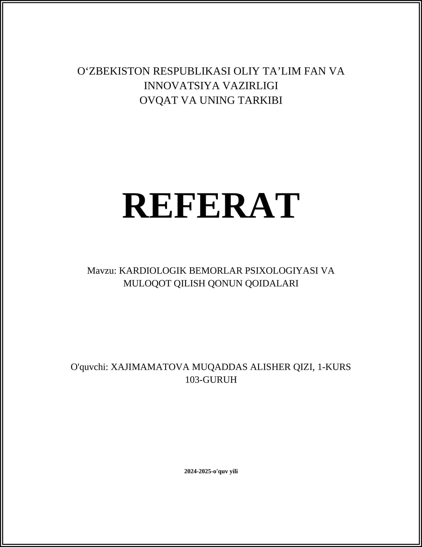 KARDIOLOGIK BEMORLAR PSIXOLOGIYASI VA MULOQOT QILISH QONUN QOIDALARI