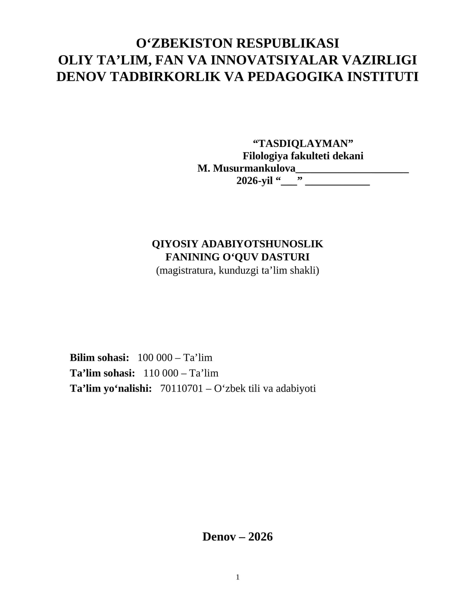 QIYOSIY ADABIYOTSHUNOSLIK FANINING O‘QUV DASTURI