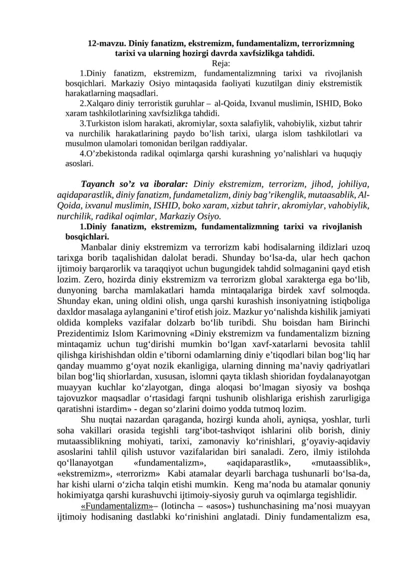 Diniy fanatizm, ekstremizm, fundamentalizm, terrorizmning tarixi va ularning hozirgi davrda xavfsizlikga tahdidi