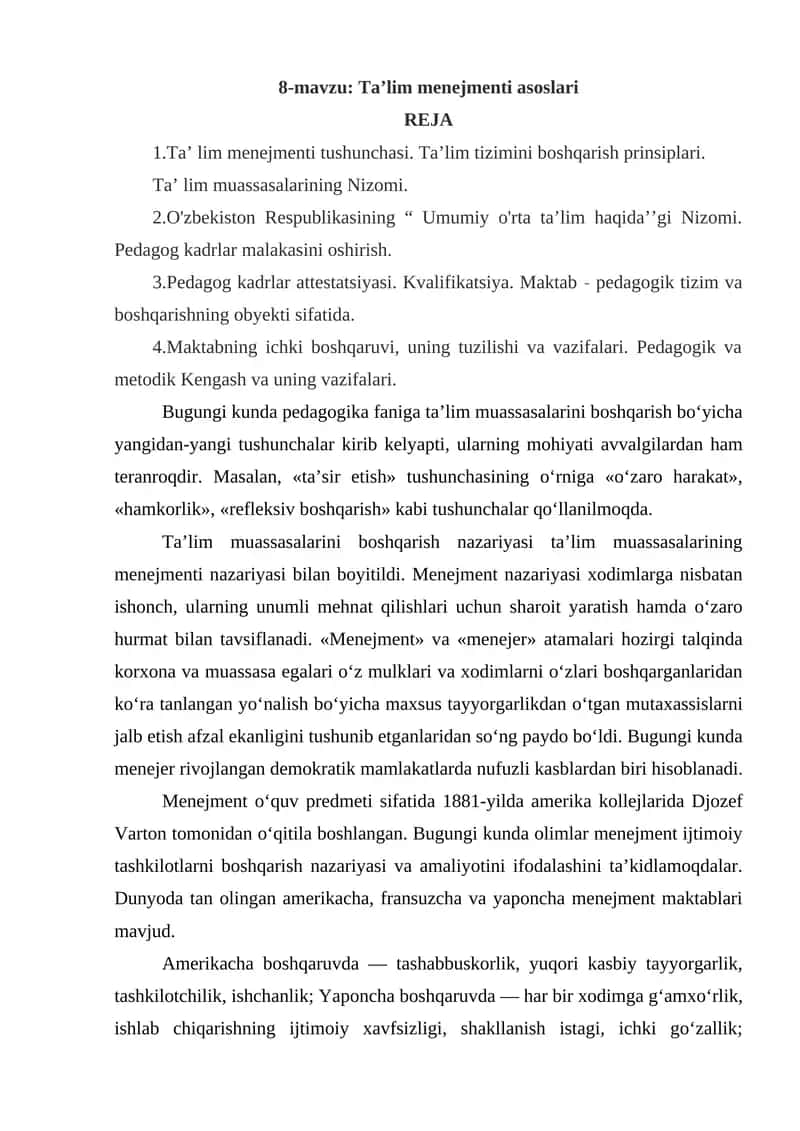 Ta’lim Menejmenti Asoslari