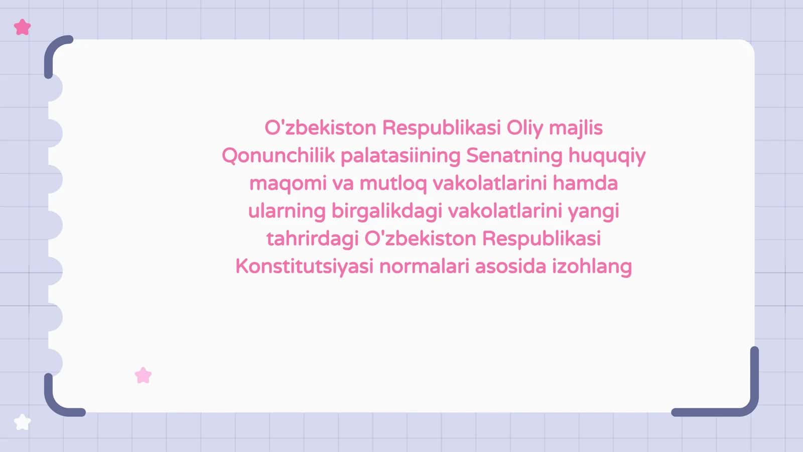 O'zbekiston Respublikasi Oliy majlis Qonunchilik palatasiining Senatning huquqiy maqomi va mutloq vakolatlarini hamda ularning birgalikdagi vakolatlarini yangi tahrirdagi O'zbekiston Respublikasi Konstitutsiyasi normalari asosida izohlang