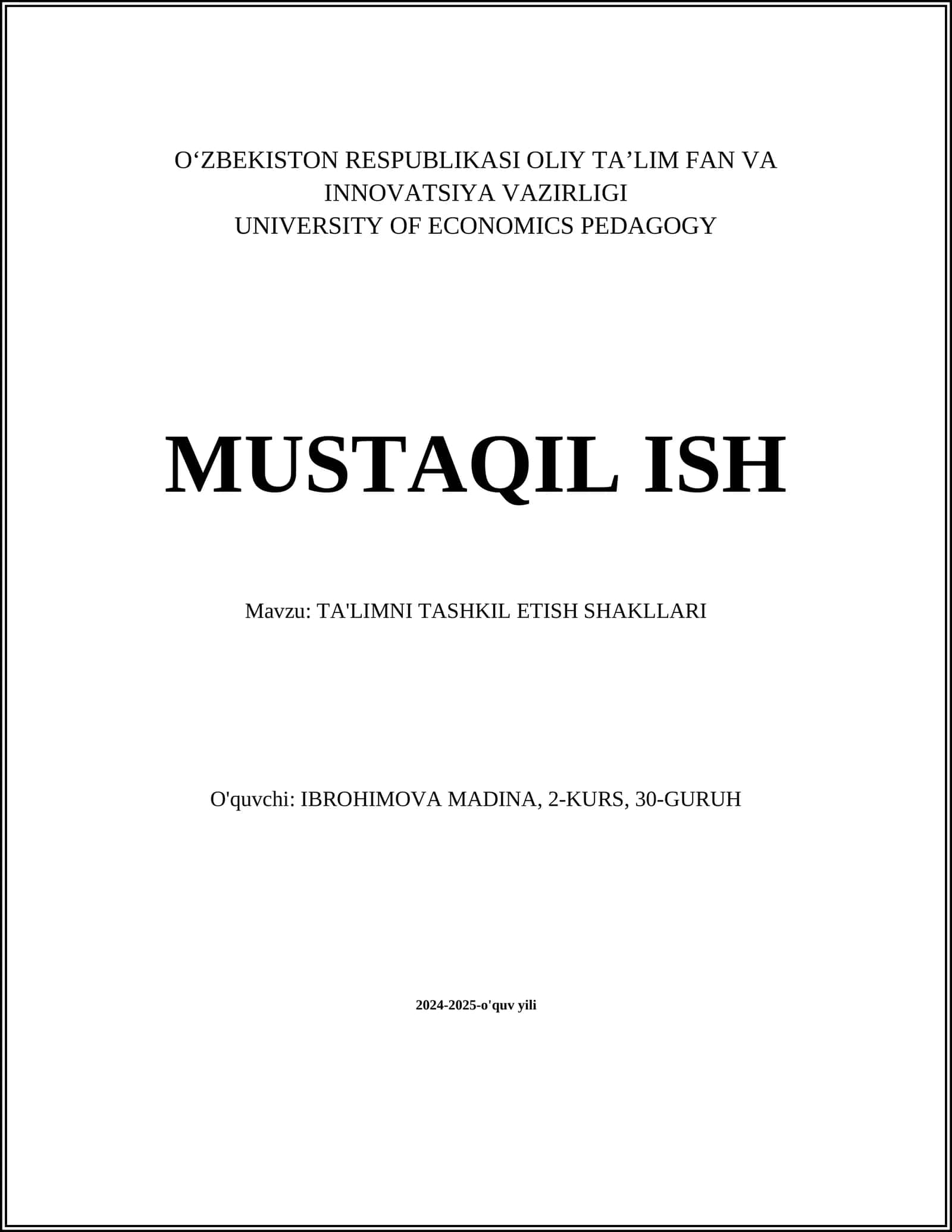 TA'LIMNI TASHKIL ETISH SHAKLLARI