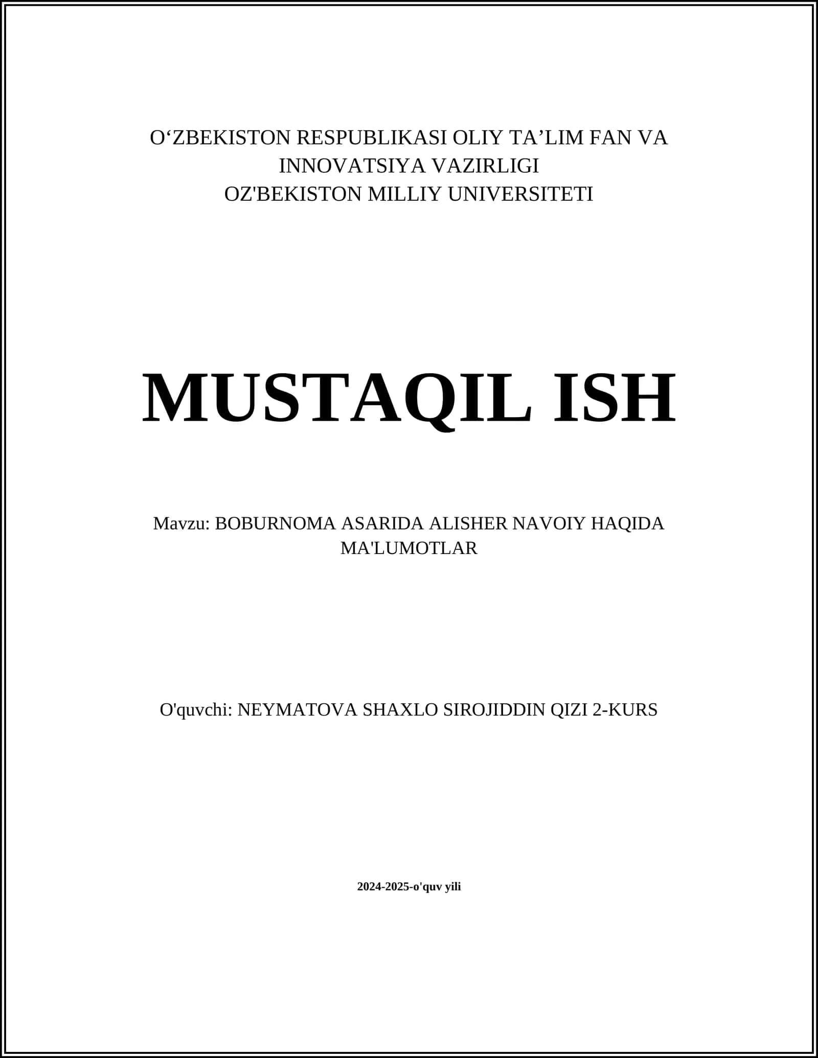 BOBURNOMA ASARIDA ALISHER NAVOIY HAQIDA MA'LUMOTLAR