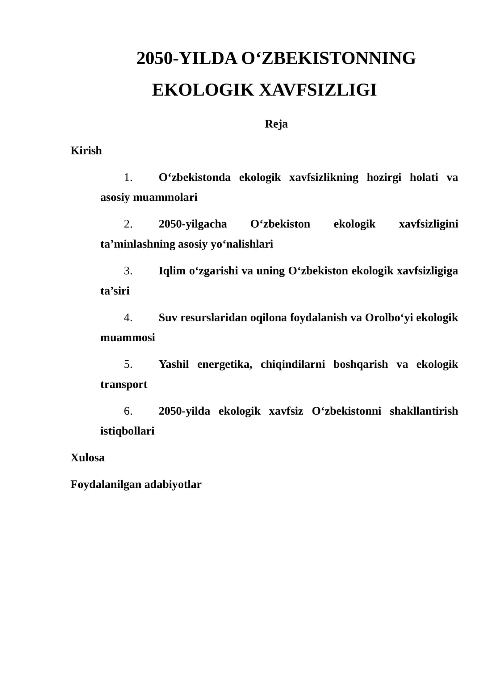 2050-YILDA O‘ZBEKISTONNING EKOLOGIK XAVFSIZLIGI