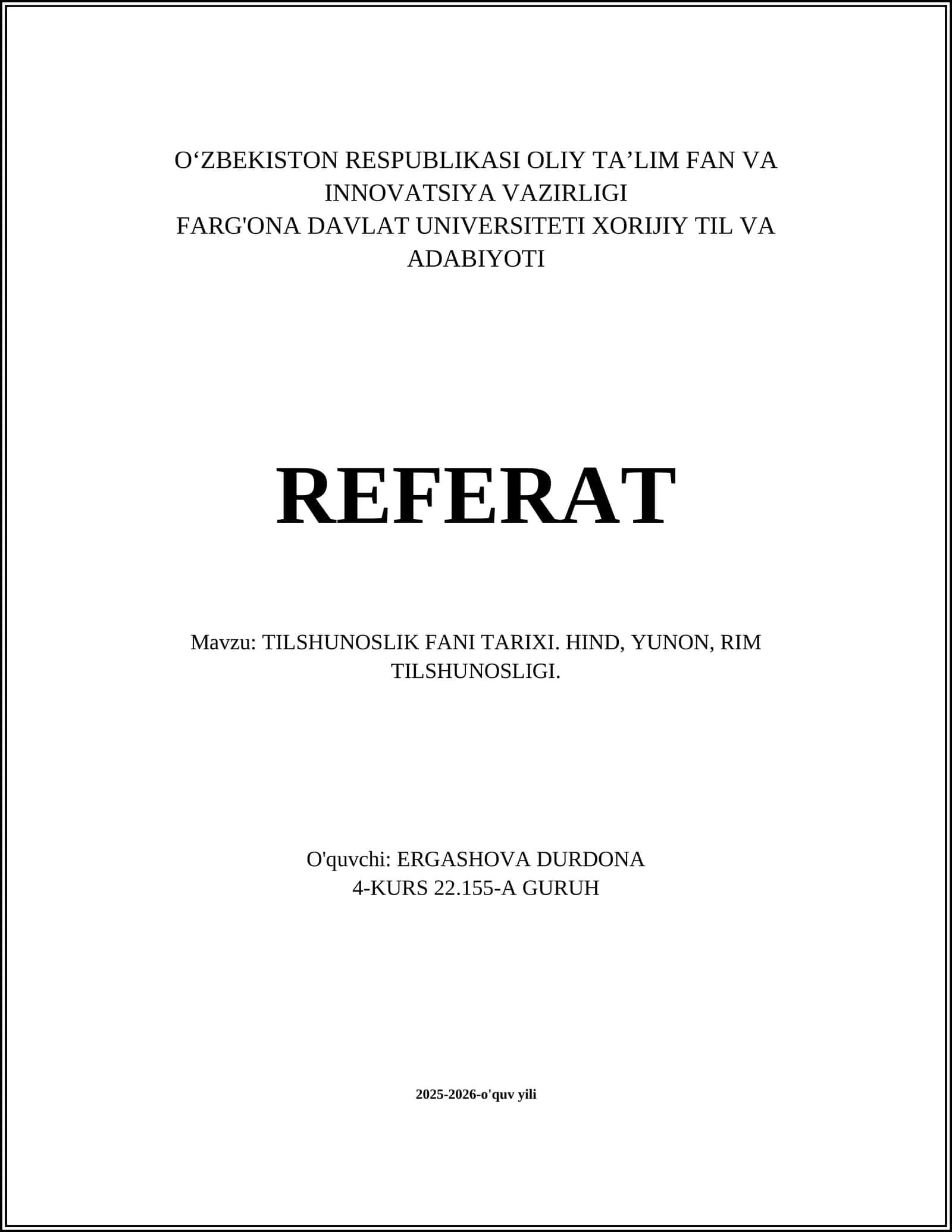 TILSHUNOSLIK FANI TARIXI. HIND, YUNON, RIM TILSHUNOSLIGI