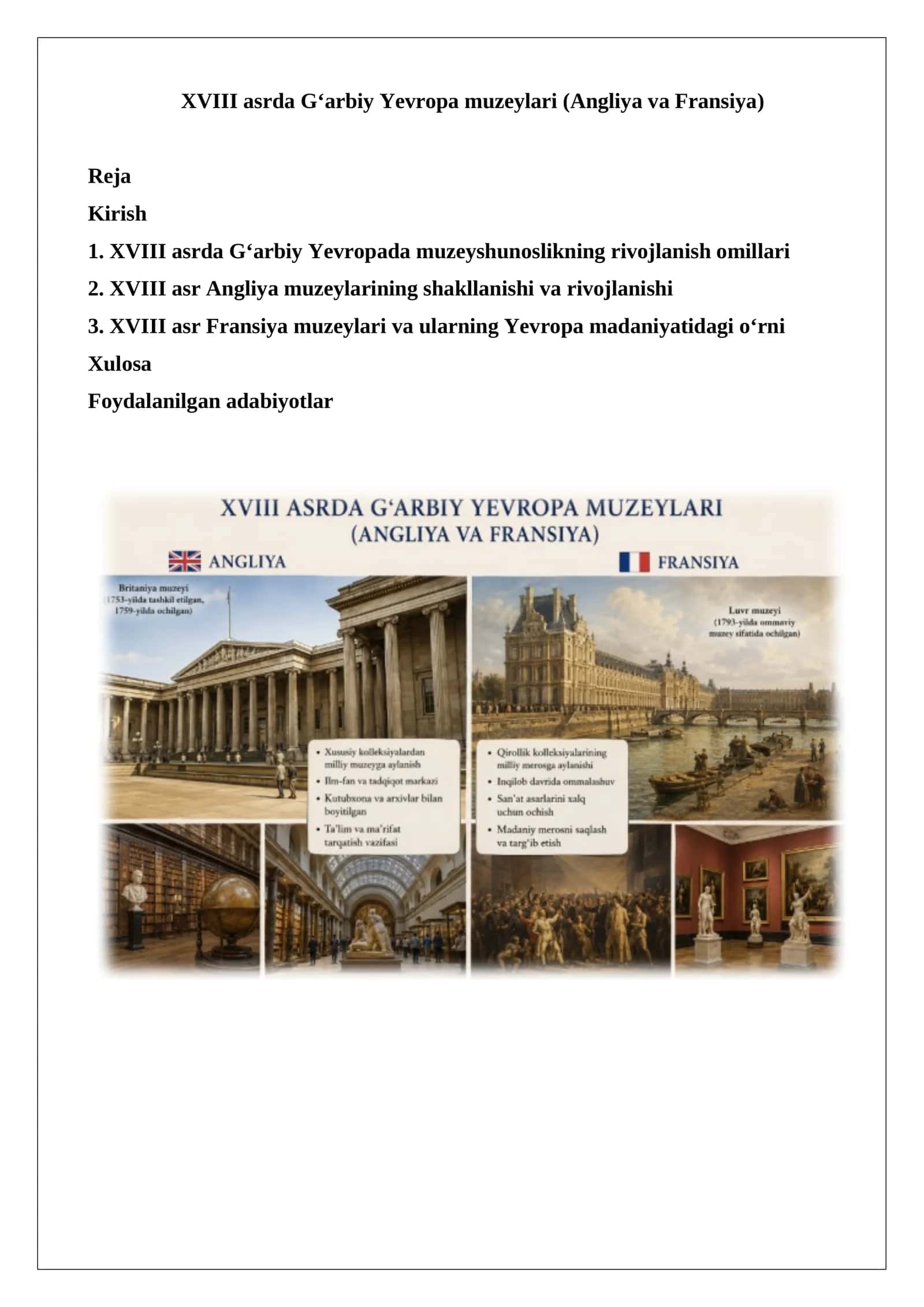 XVIII asrda G‘arbiy Yevropa muzeylari (Angliya va Fransiya)