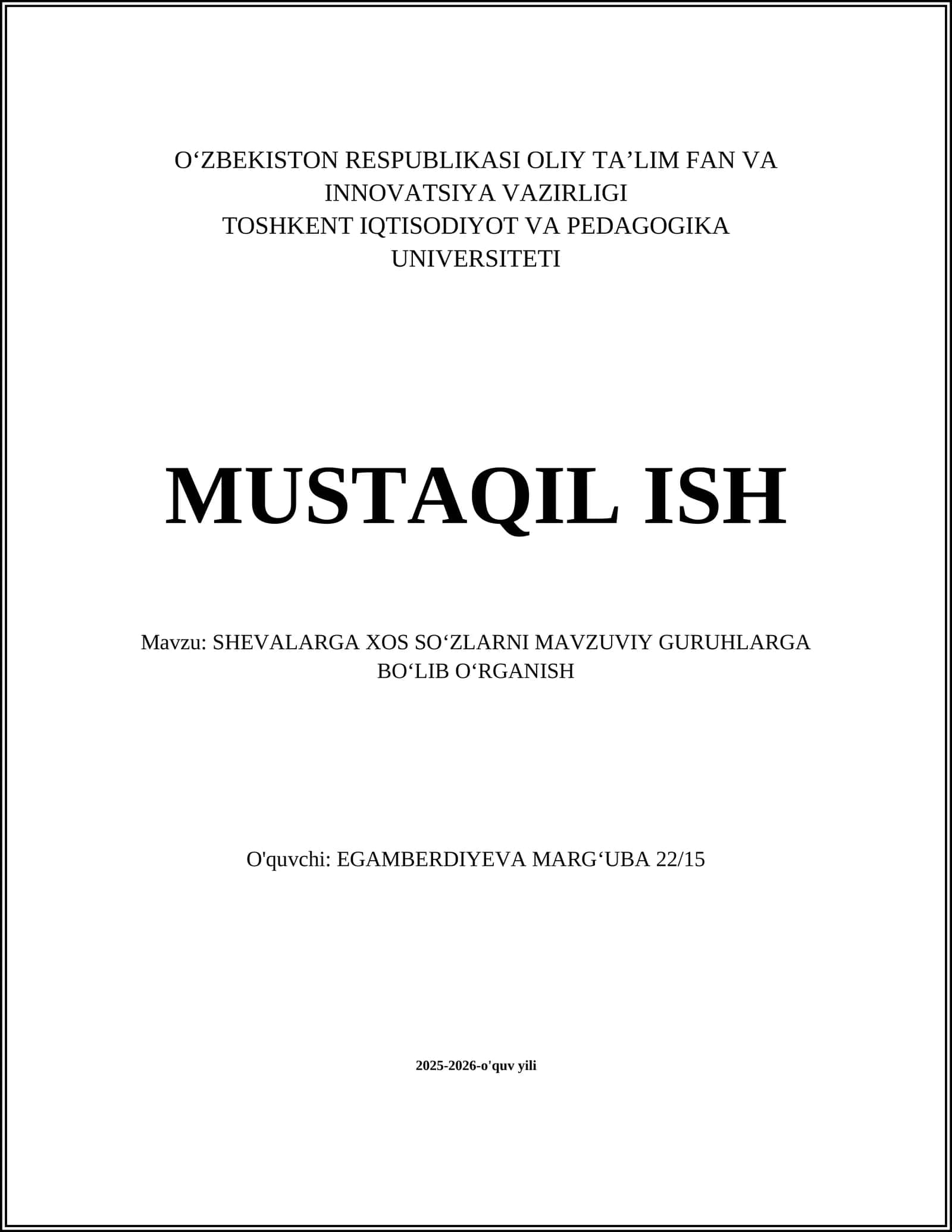 SHEVALARGA XOS SOʻZLARNI MAVZUVIY GURUHLARGA BOʻLIB OʻRGANISH