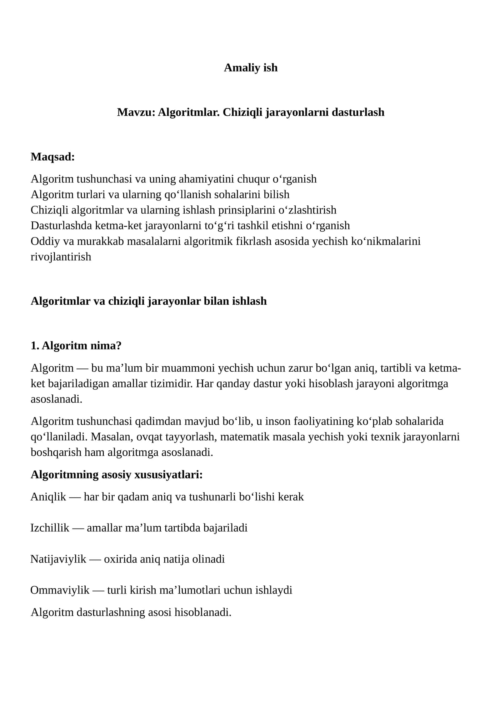 Algoritmlar. Chiziqli jarayonlarni dasturlash