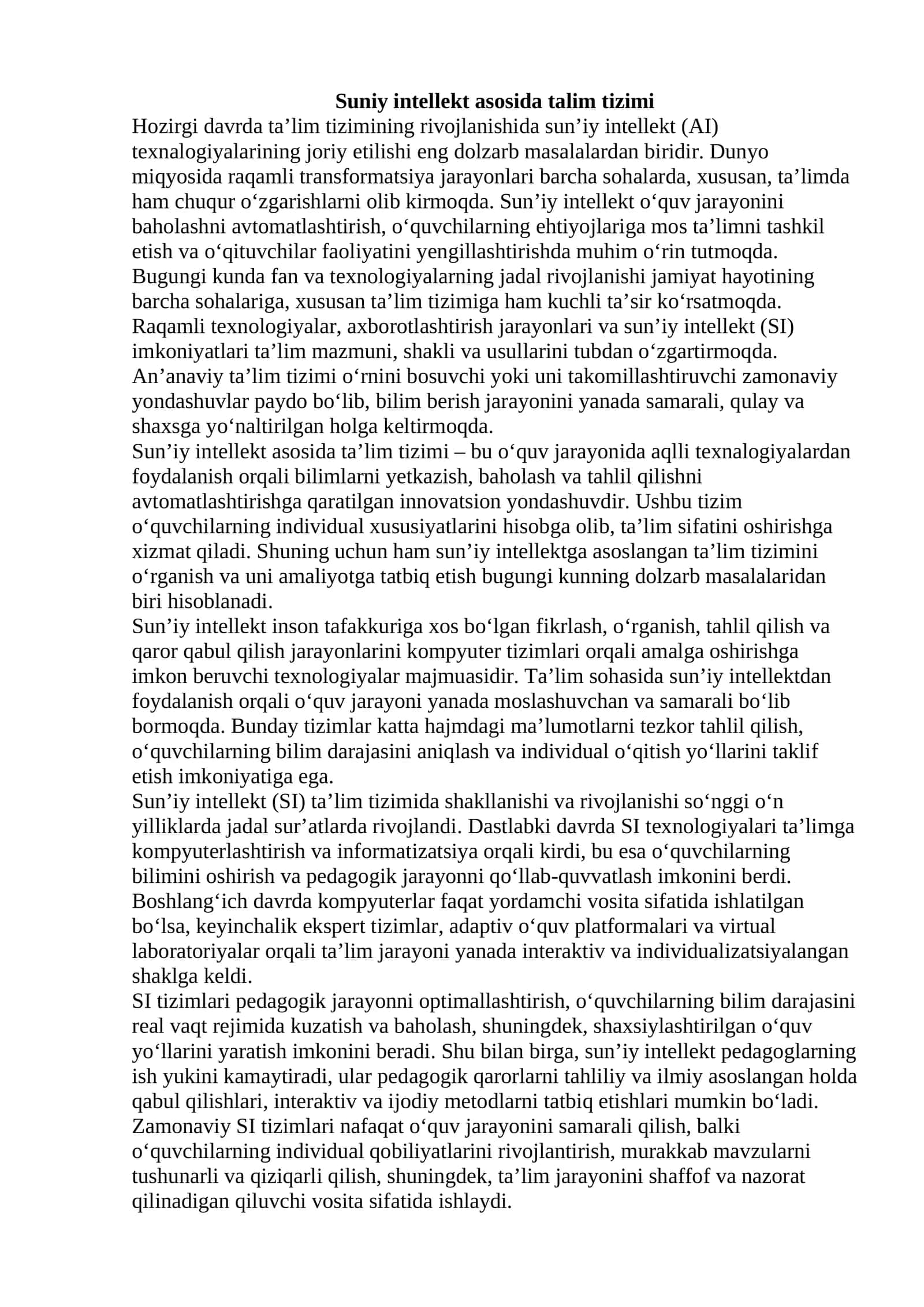 Suniy intellekt asosida talim tizimi