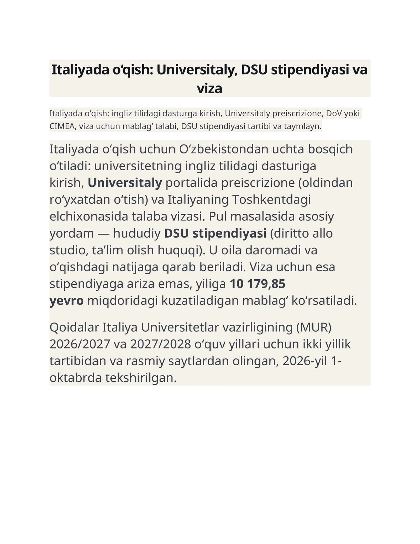 Italiyada o‘qish: Universitaly, DSU stipendiyasi va viza