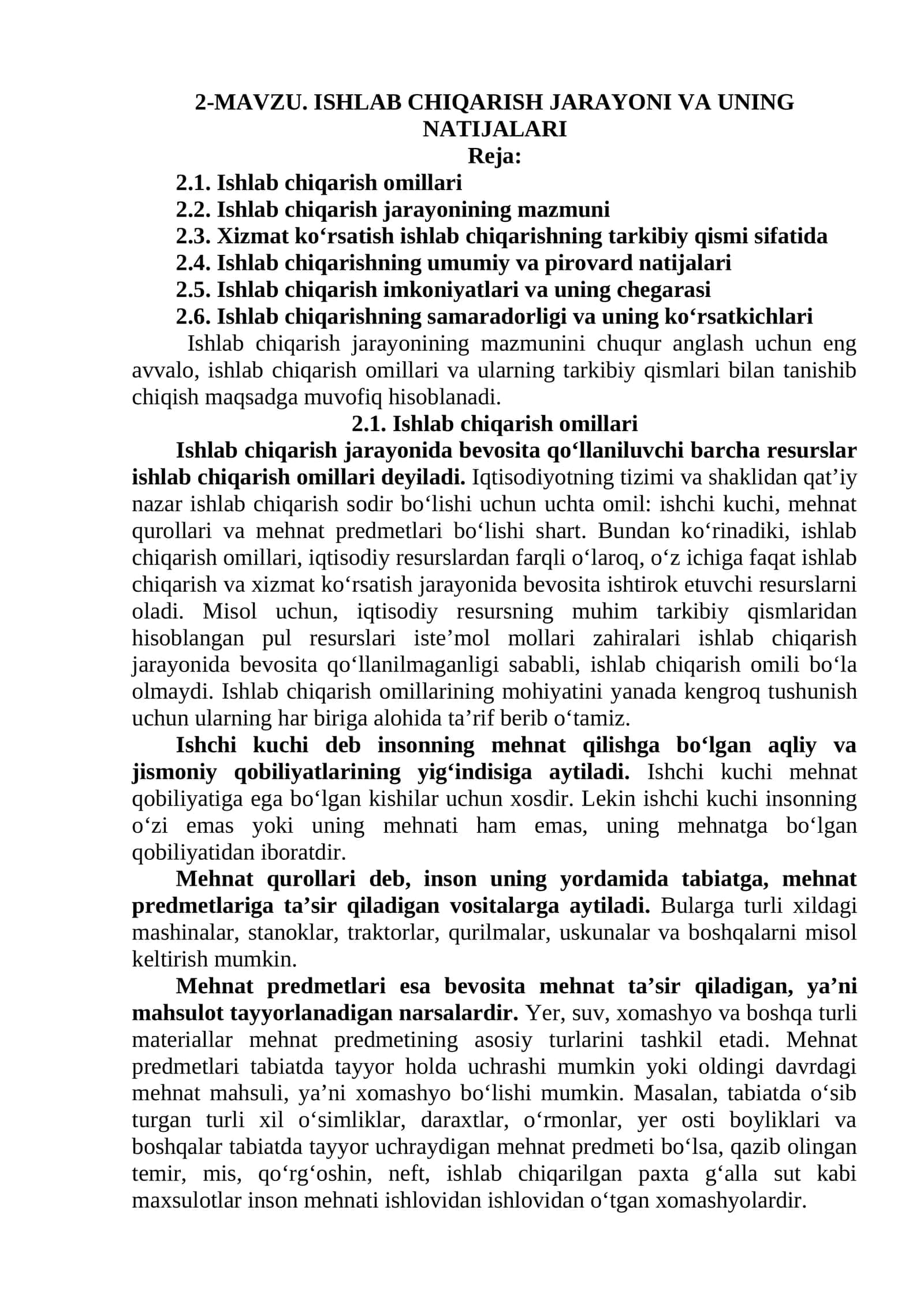 ISHLAB CHIQARISH JARAYONI VA UNING NATIJALARI