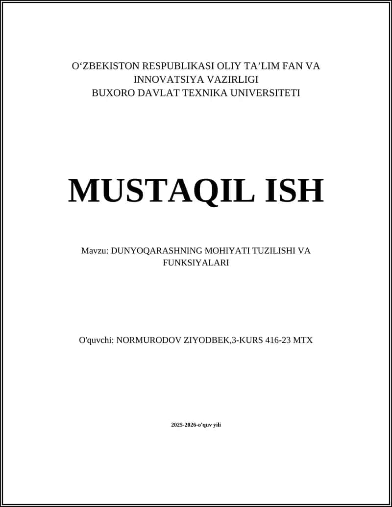 DUNYOQARASHNING MOHIYATI TUZILISHI VA FUNKSIYALARI