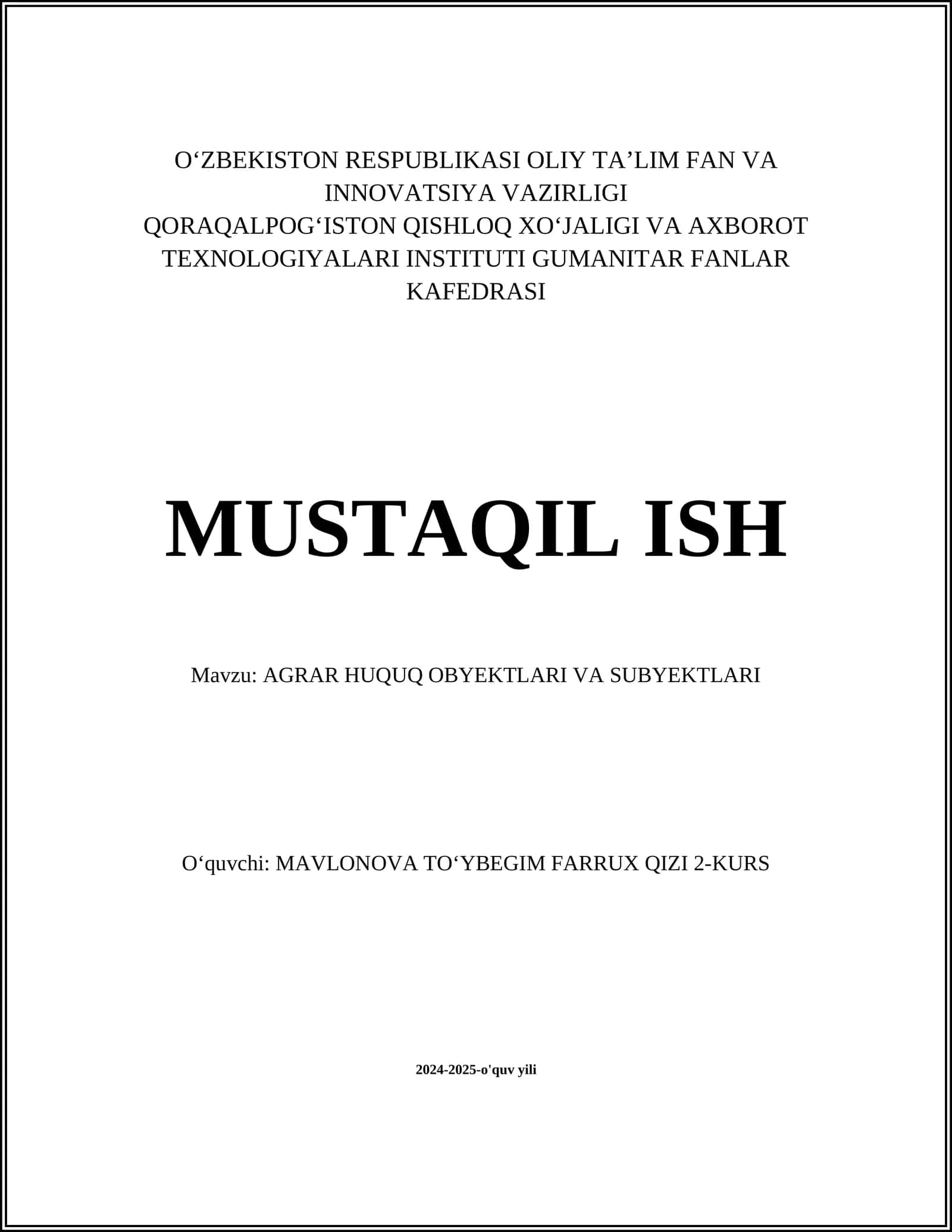AGRAR HUQUQ OBYEKTLARI VA SUBYEKTLARI