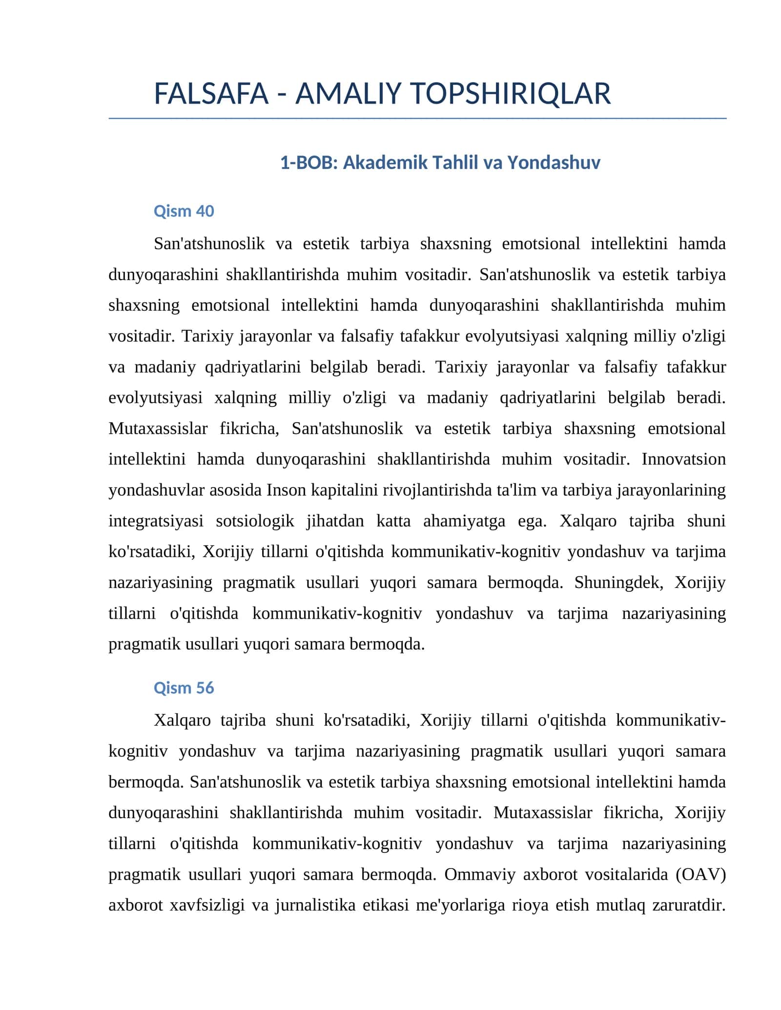 FALSAFA - AMALIY TOPSHIRIQLAR