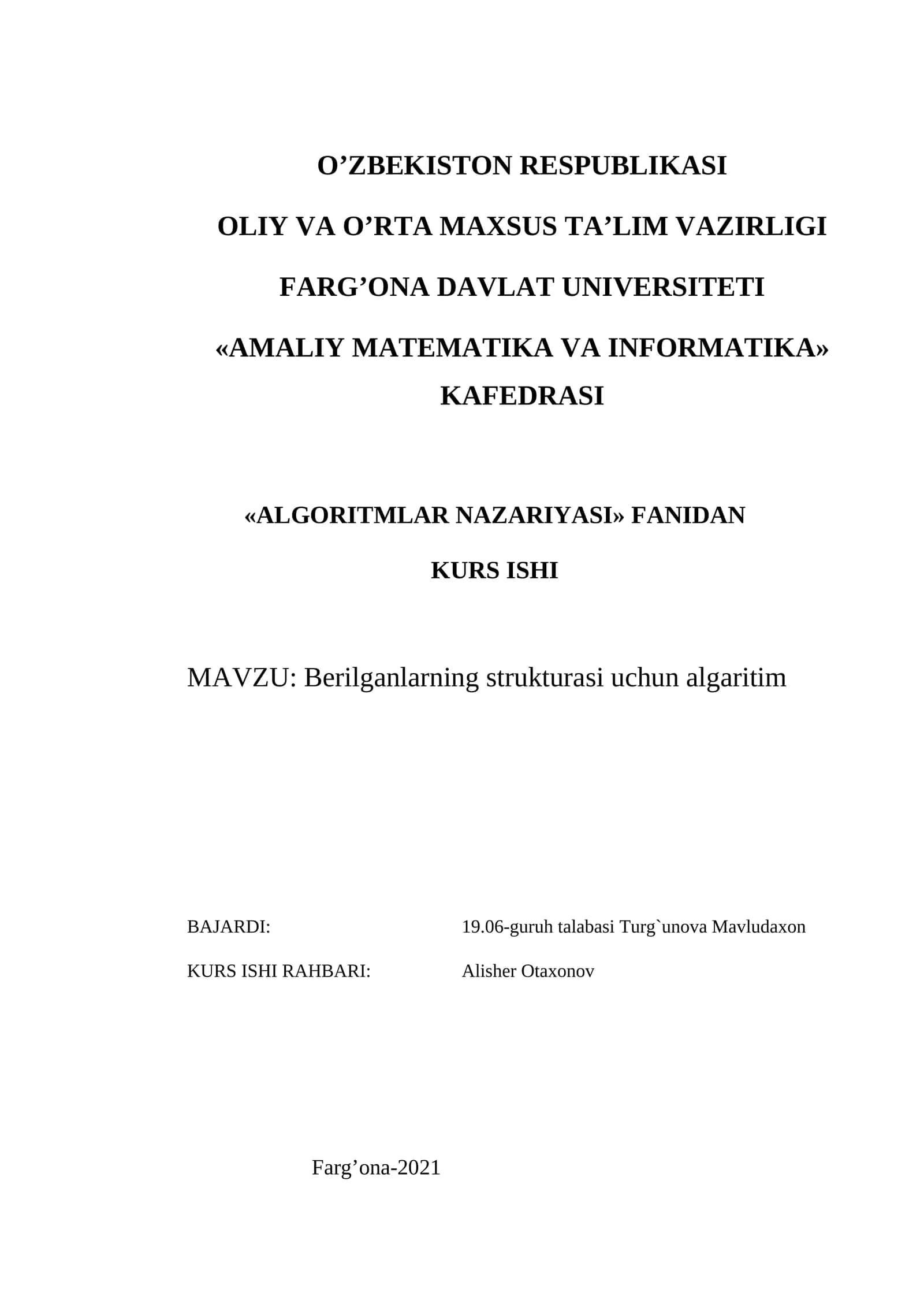 Berilganlarning strukturasi uchun algaritim