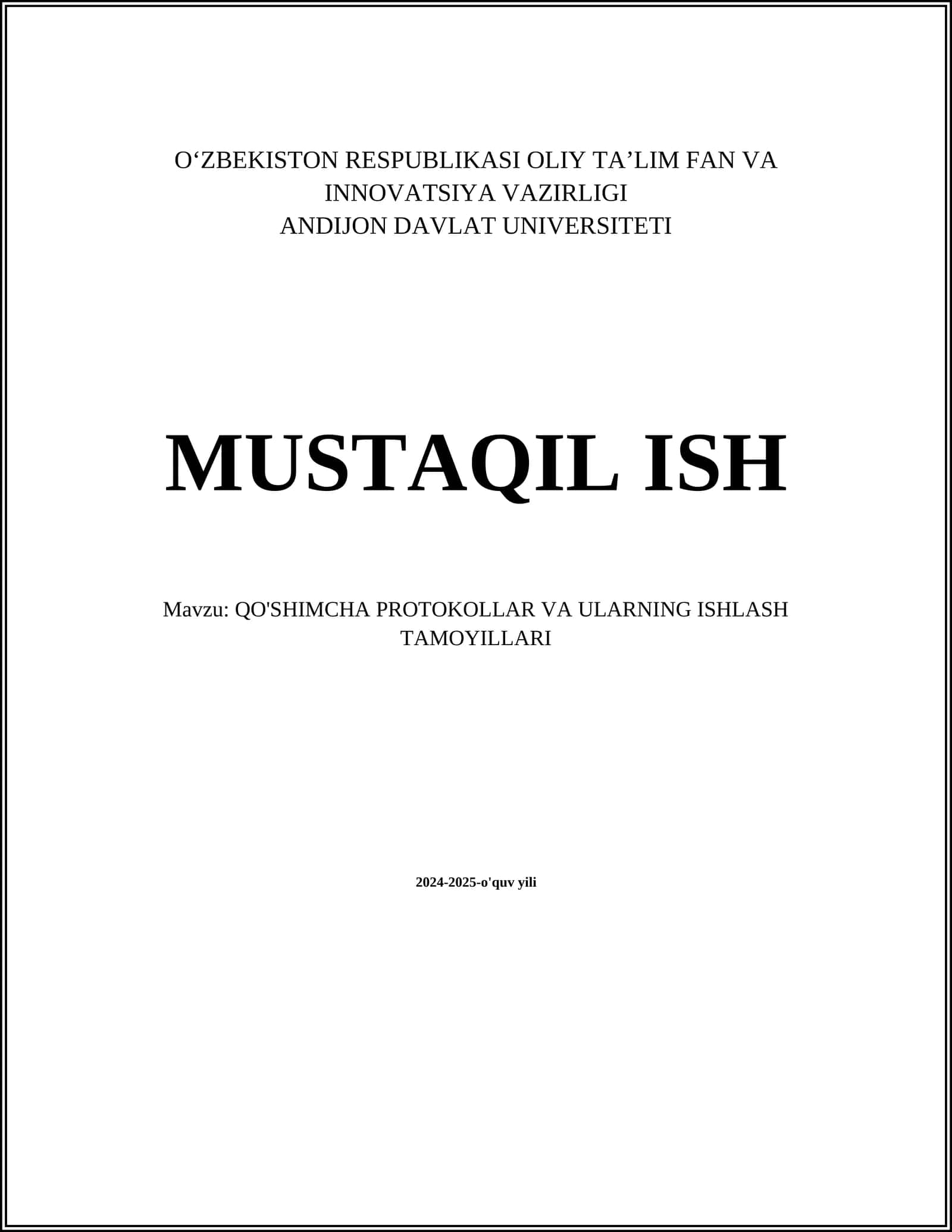 QO'SHIMCHA PROTOKOLLAR VA ULARNING ISHLASH TAMOYILLARI