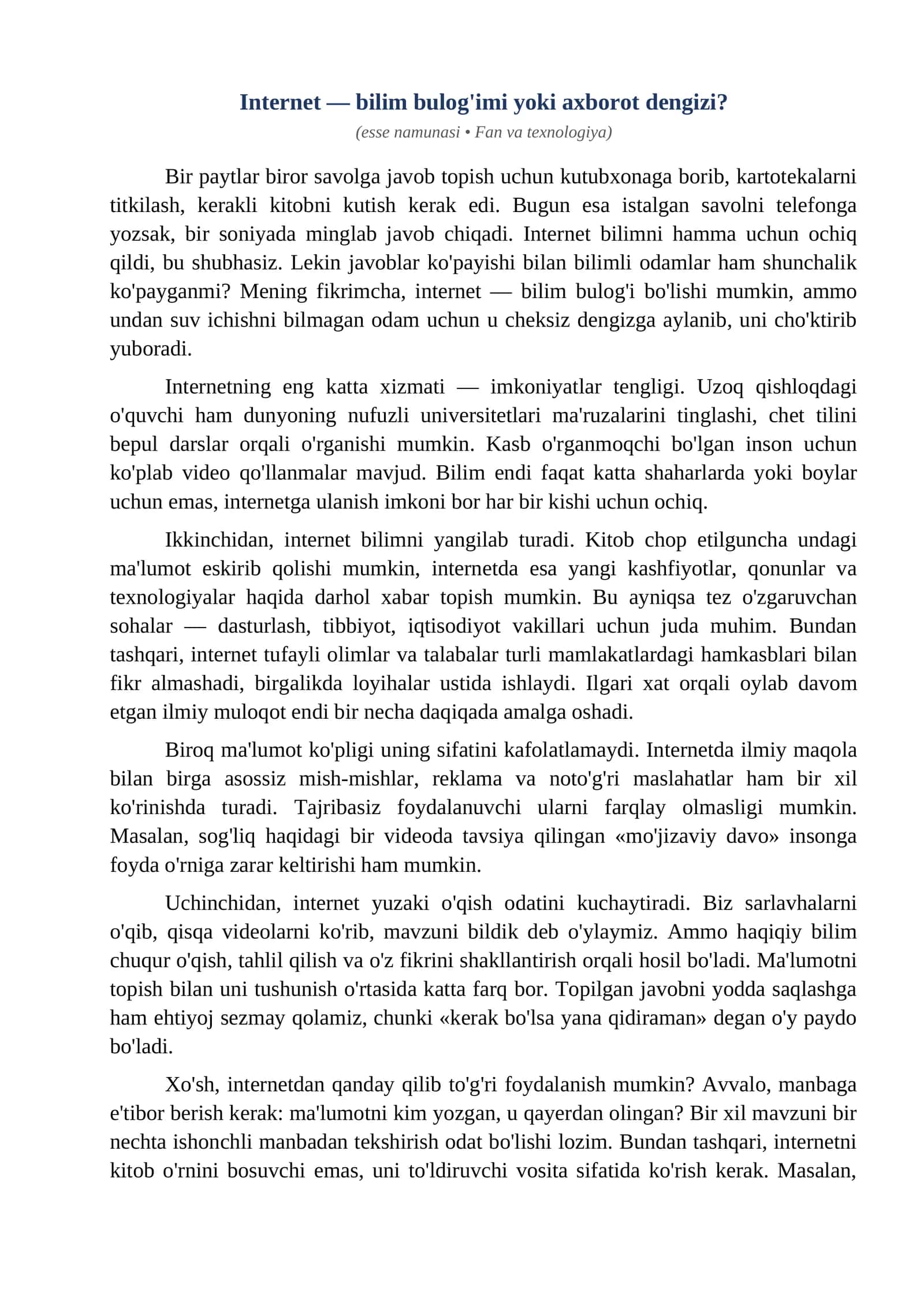 Esse Internet bilim bulogimi yoki axborot dengizi