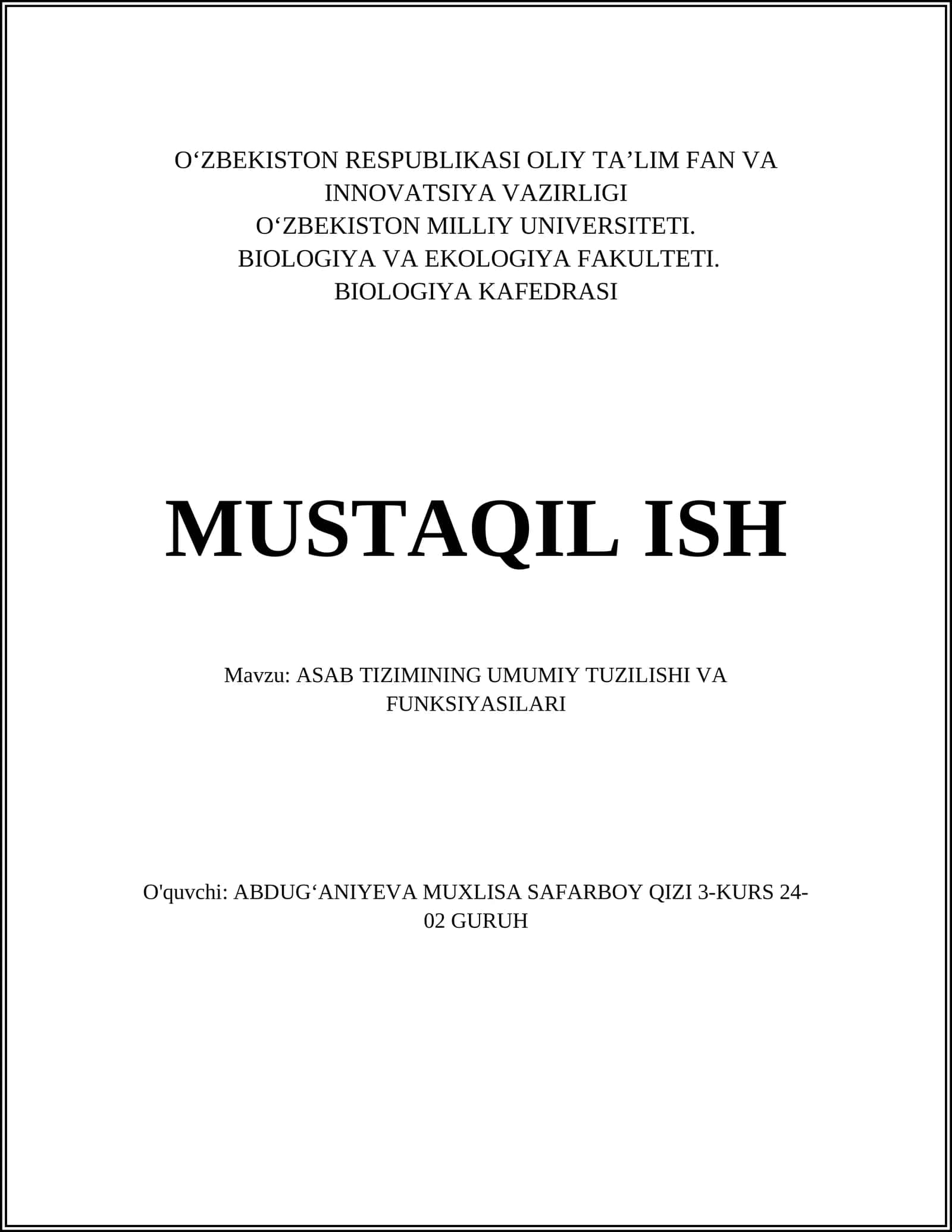 ASAB TIZIMINING UMUMIY TUZILISHI VA FUNKSIYASILARI