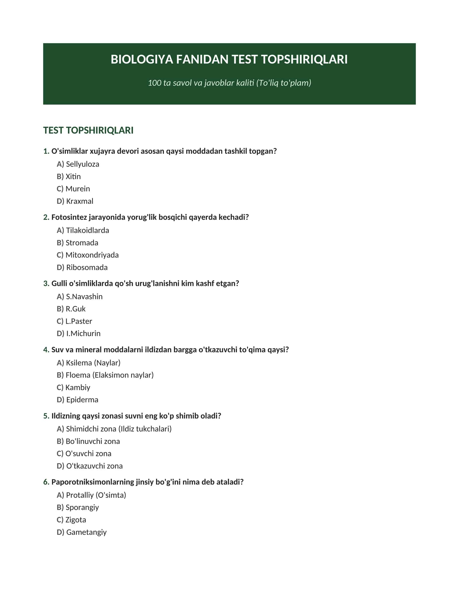 Biologiya_Аttestatsiya_100_Test_2026 test_va_javoblari