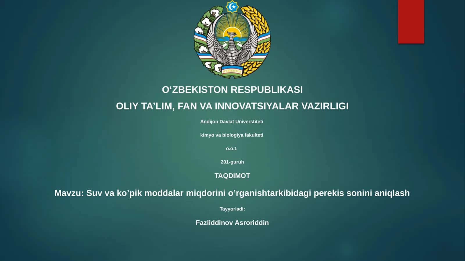 Suv va ko’pik moddalar miqdorini o’rganishtarkibidagi perekis sonini aniqlash