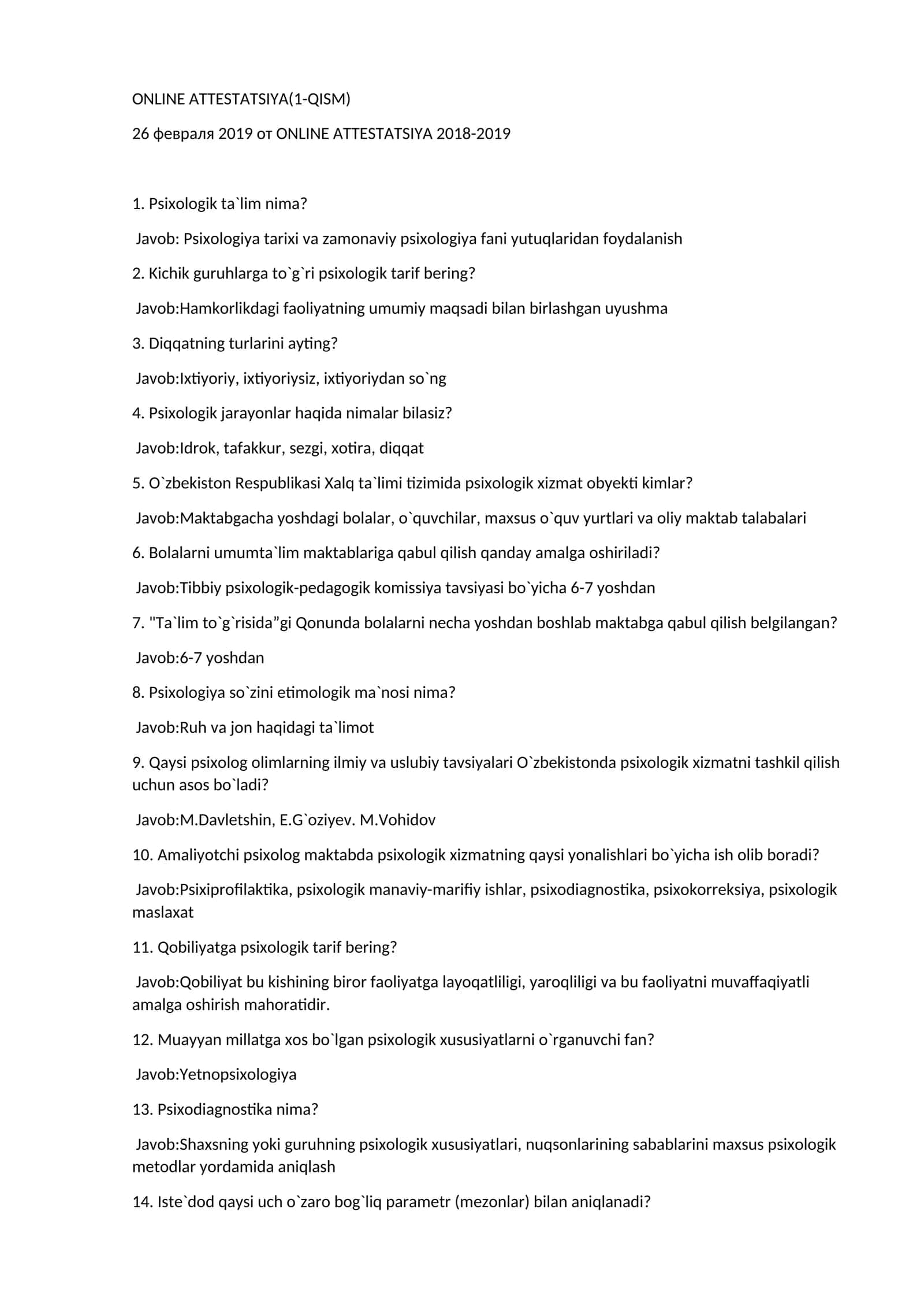 Psixologiya atestatsiya savollari 2 qism