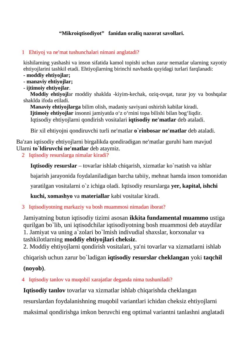 Mikroiqtisodiyot fanidan oraliq nazorat savollari