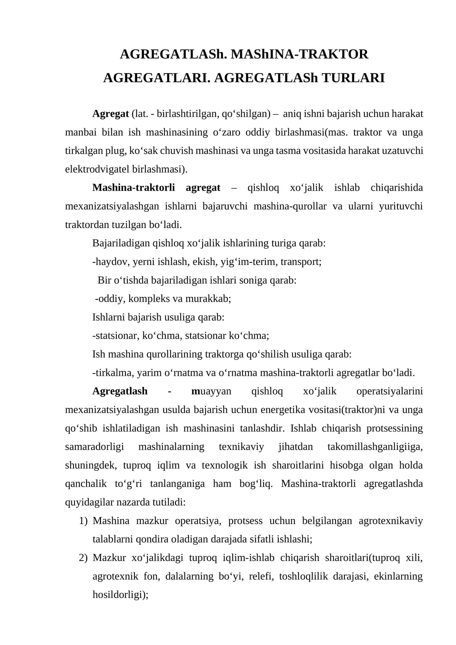 AGREGATLASh. MAShINA-TRAKTOR AGREGATLARI. AGREGATLASh TURLARI